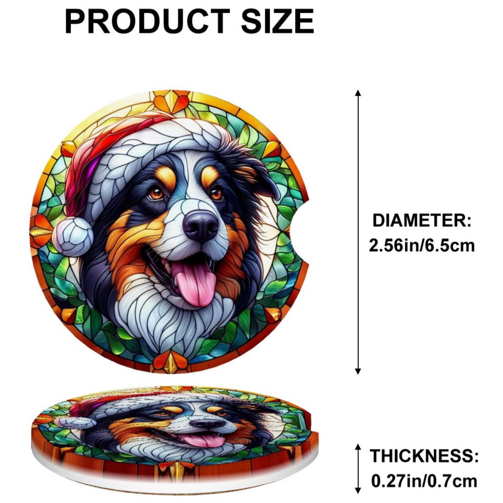 Set of 2 Ceramic Car Coasters with Cork Base - Festive Christmas Dog Designs