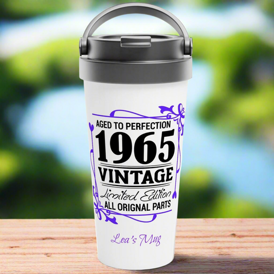Aged to Perfection 1965 Vintage Personalizable White 15oz Stainless Steel Travel Mug