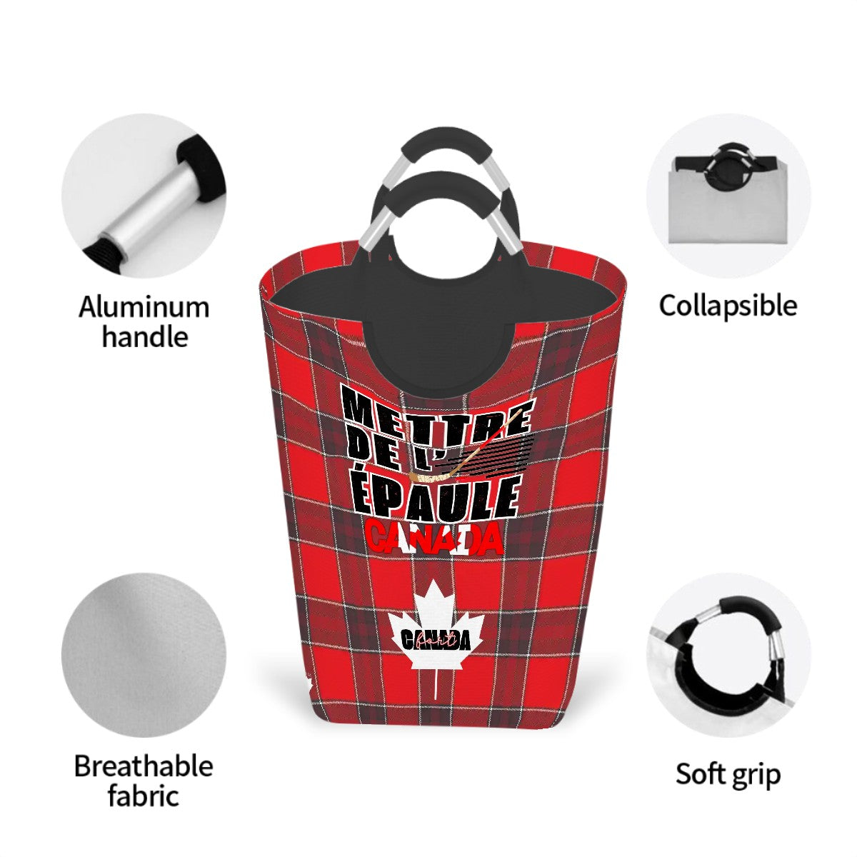 Elbows Up Canada | Rectangular Laundry Basket - Padded Handles - Foldable, Lightweight, 50L Capacity - English & Français