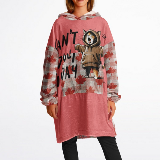 Pink hoodie with graphic design and text on a white background