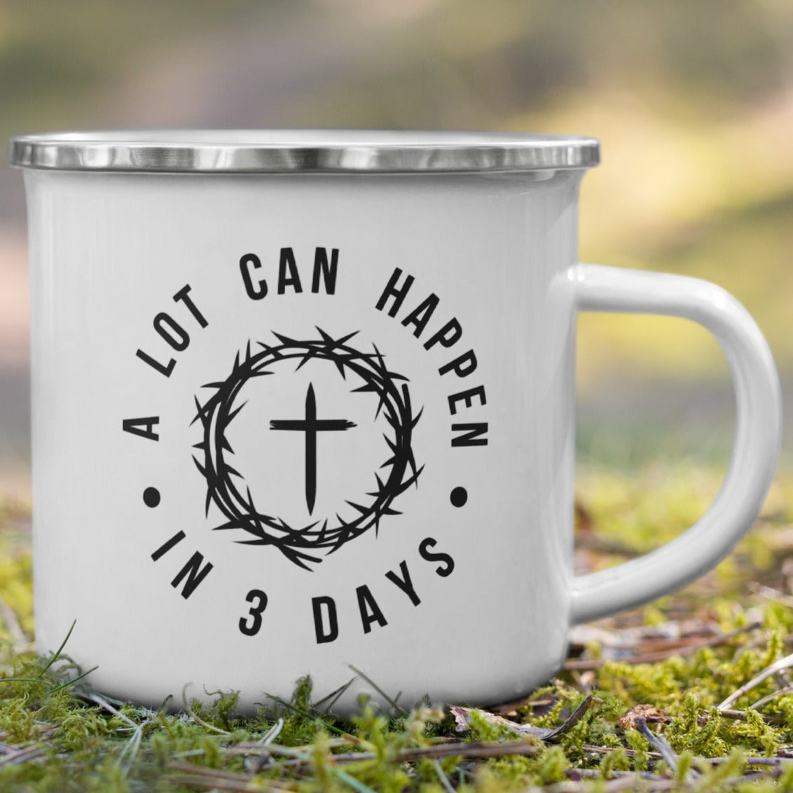 A Lot Can Happen In 3 Days - Christian Camping Enamel Mug