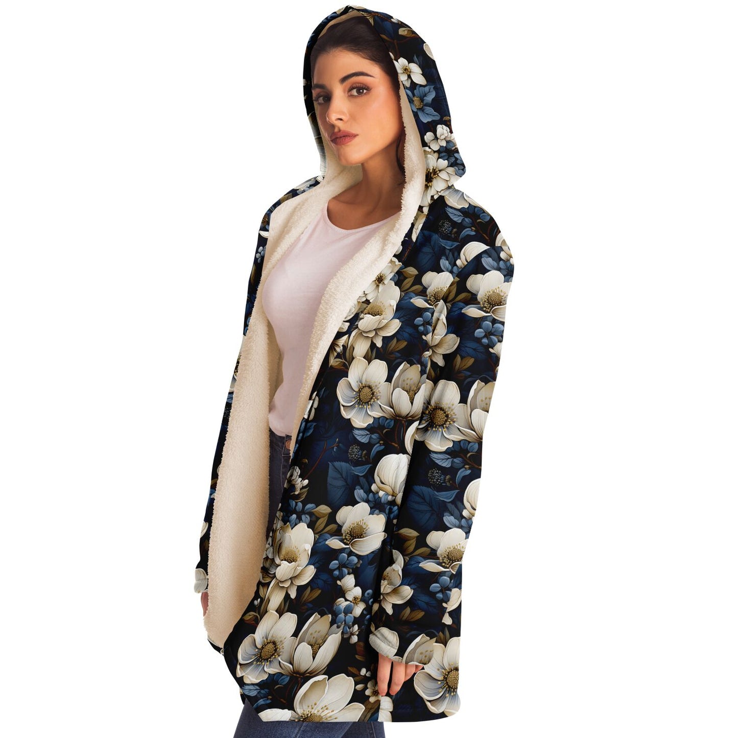 Blue Winter Floral | Microfleece Cloak – Ultra-Soft Warmth & Deep Pockets