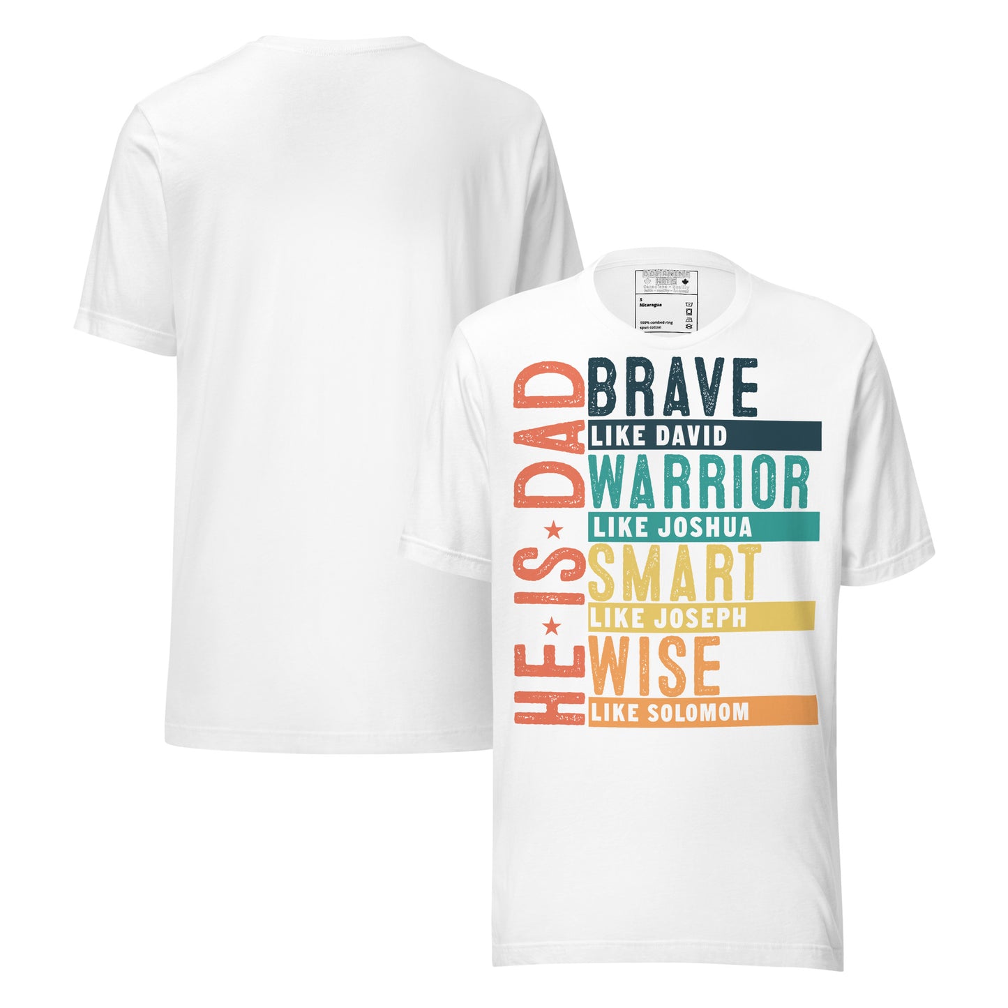 White t-shirt with colorful text design on a white background