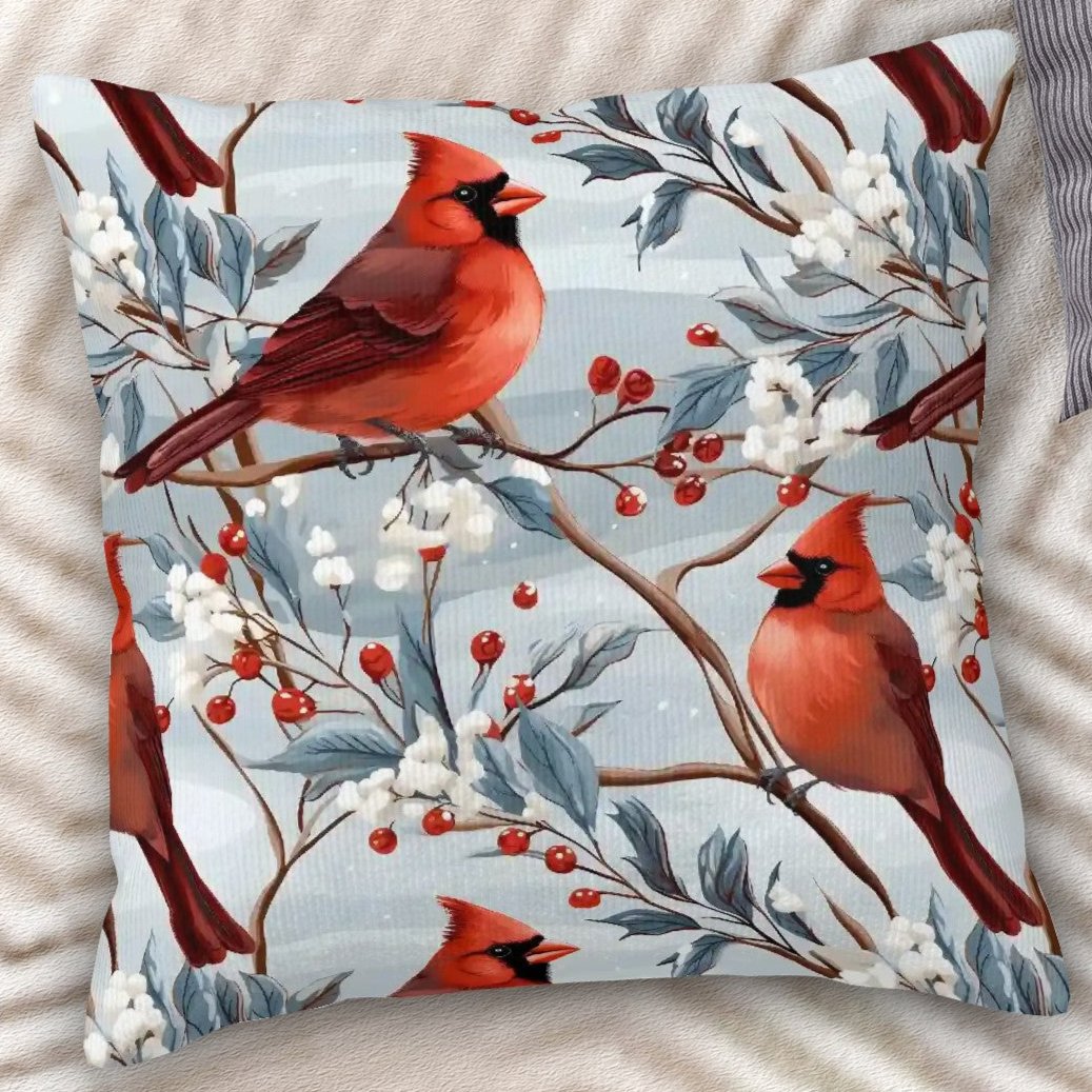 Winterberry Cardinals - Corduroy Throw Pillow Covers with Core (Double-Sided Design)