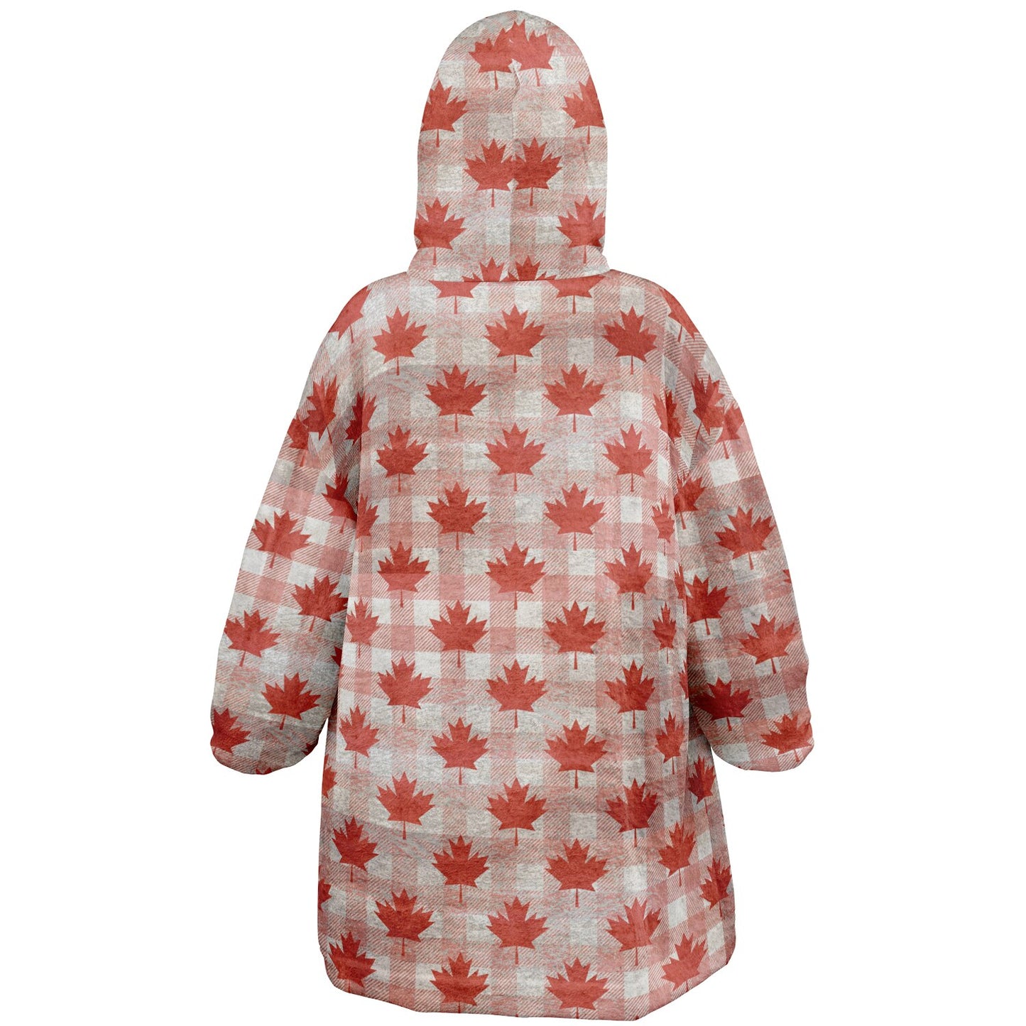 Back view of an oversized hoodie with red maple leaf pattern on a white background