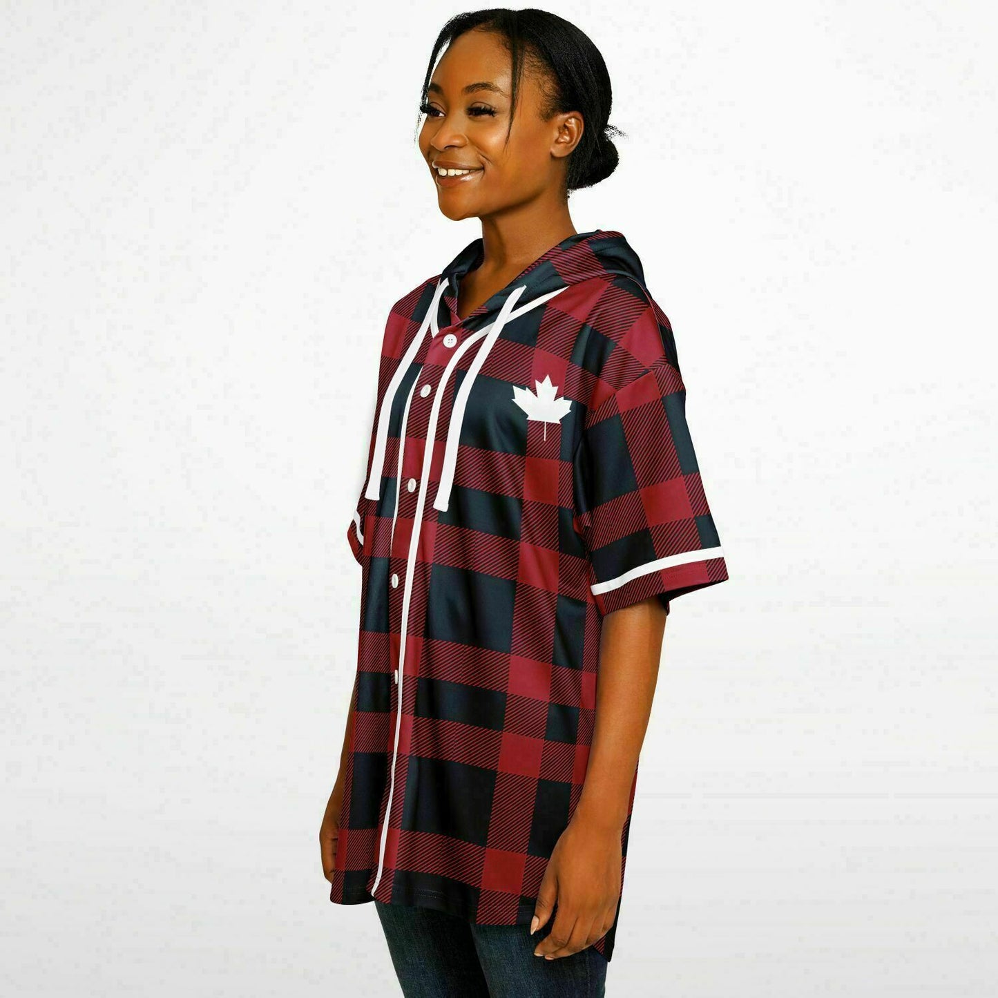 True North Strong and Free Red Plaid Hooded Baseball Jersey