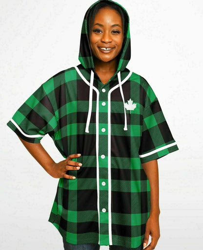 True North Strong & Free Green Plaid Hooded Baseball Jersey