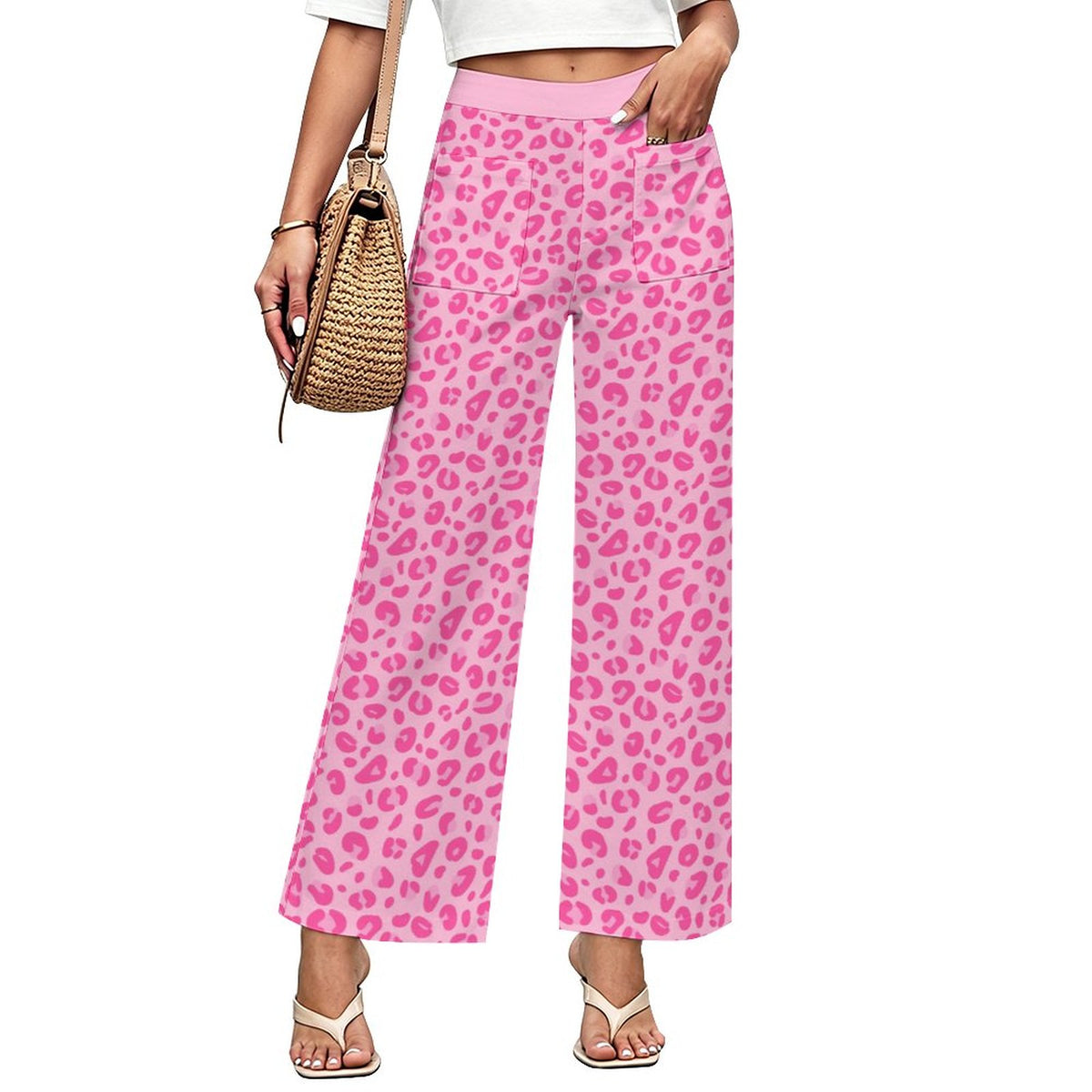 Pink Leopard Print | Women's Straight Wide-Leg Crop Pants