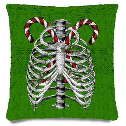 Candy Canes and Bones – Festive Goth Christmas Sequin Pillowcase – Soft, Durable, and Elegant Home Décor