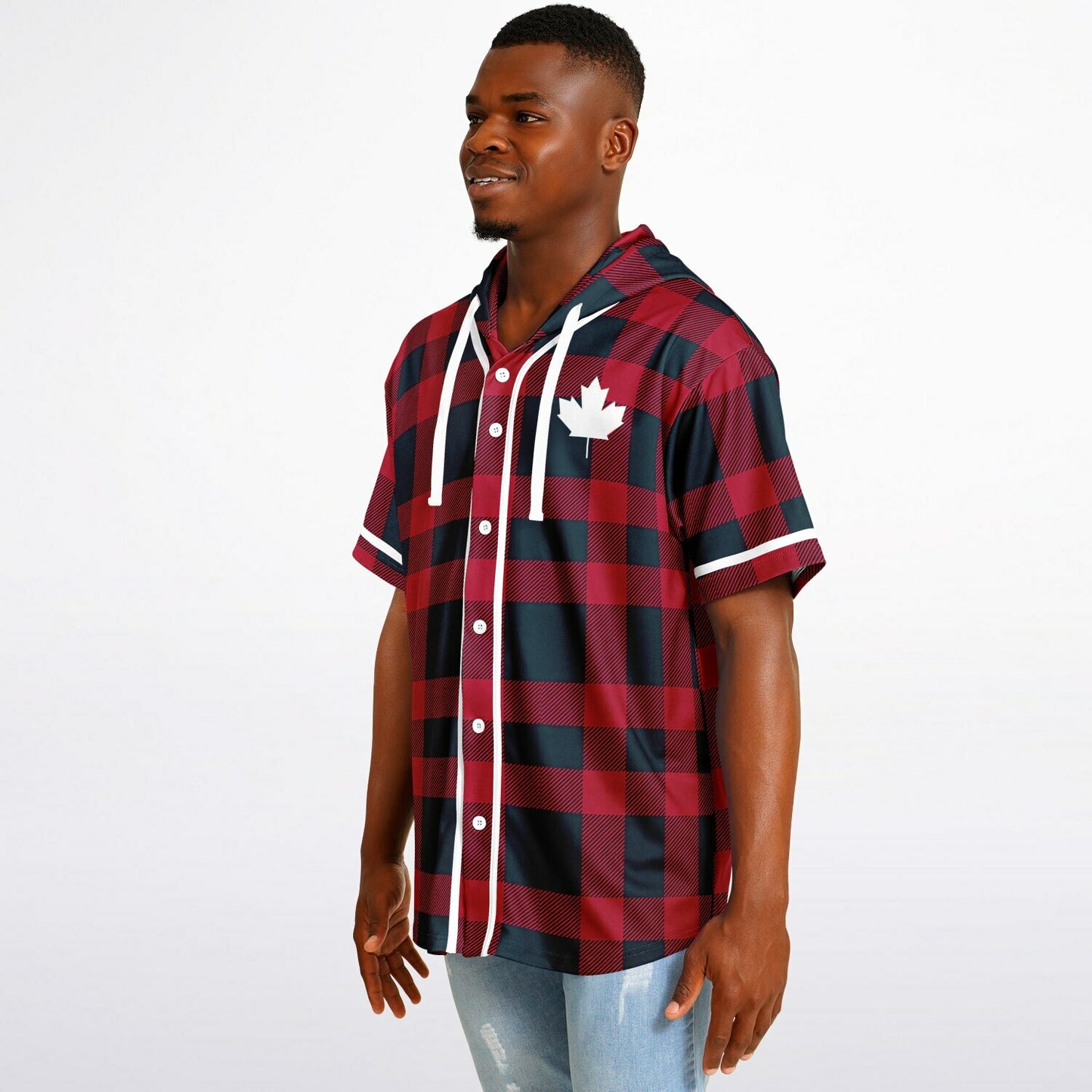 True North Strong and Free | Hooded Baseball Jersey - Red Plaid