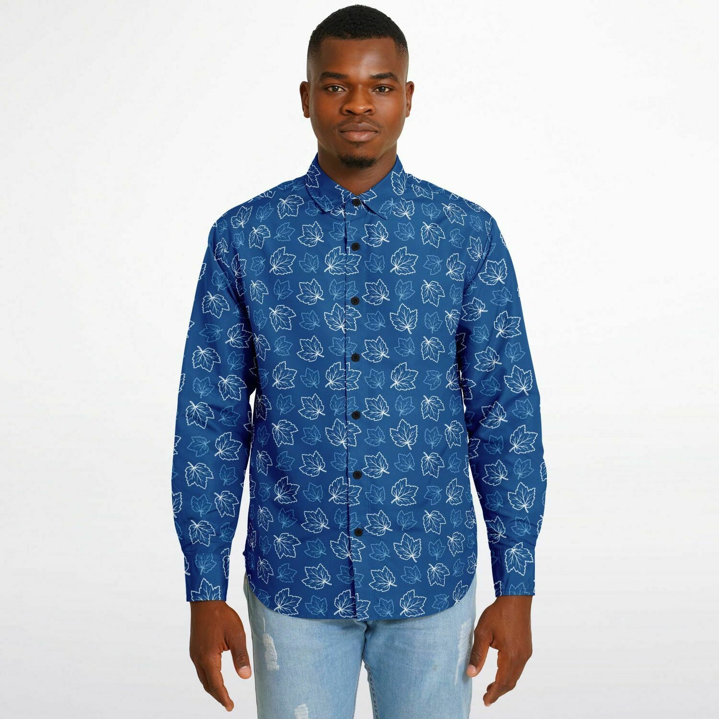 Maple Leaves Blue Long Sleeve Button Down Shirt