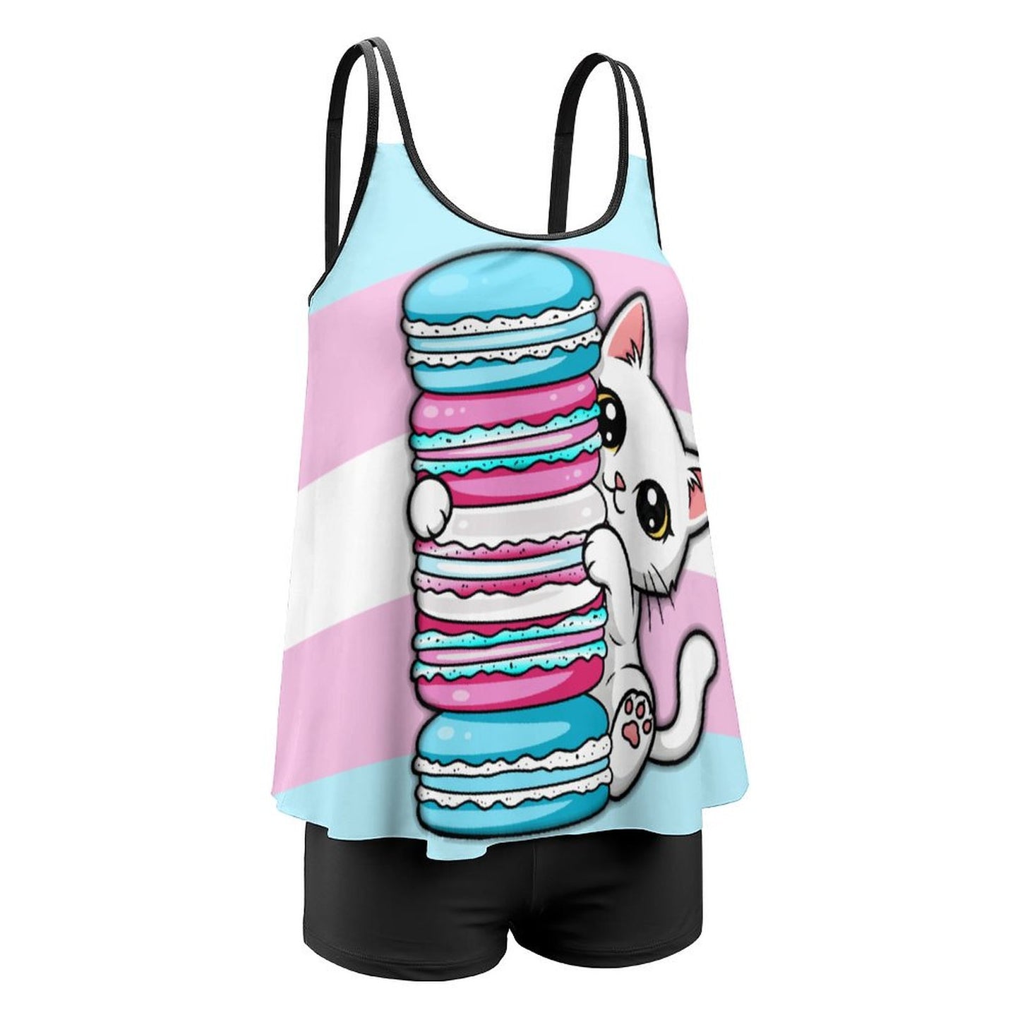 Hiding Kitten | Plus Size Women Tankini 2-Piece Swimsuit - Black bottoms