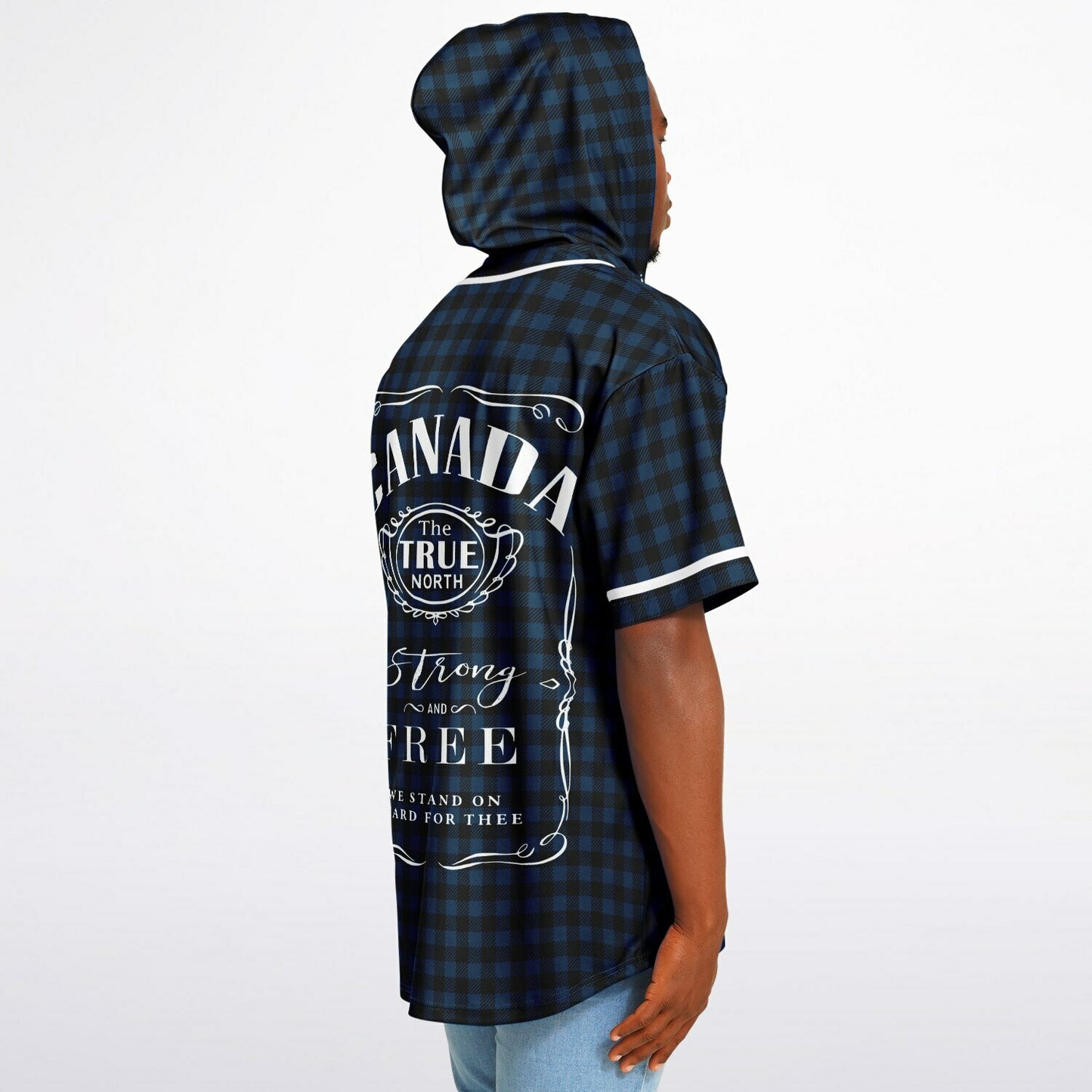 True North Strong and Free | Plaid Hooded Baseball Jersey - Navy