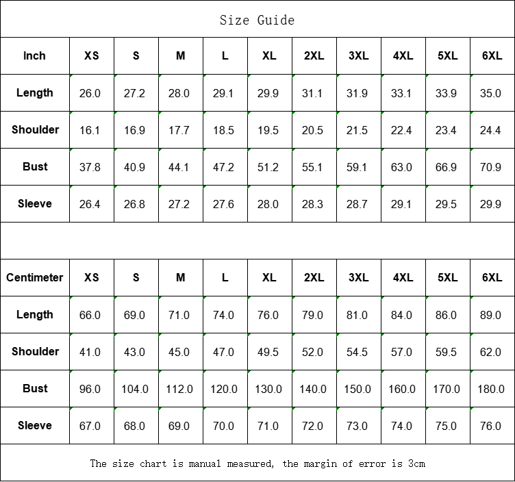 Size chart for clothing measurements in inches and centimeters with labeled columns.