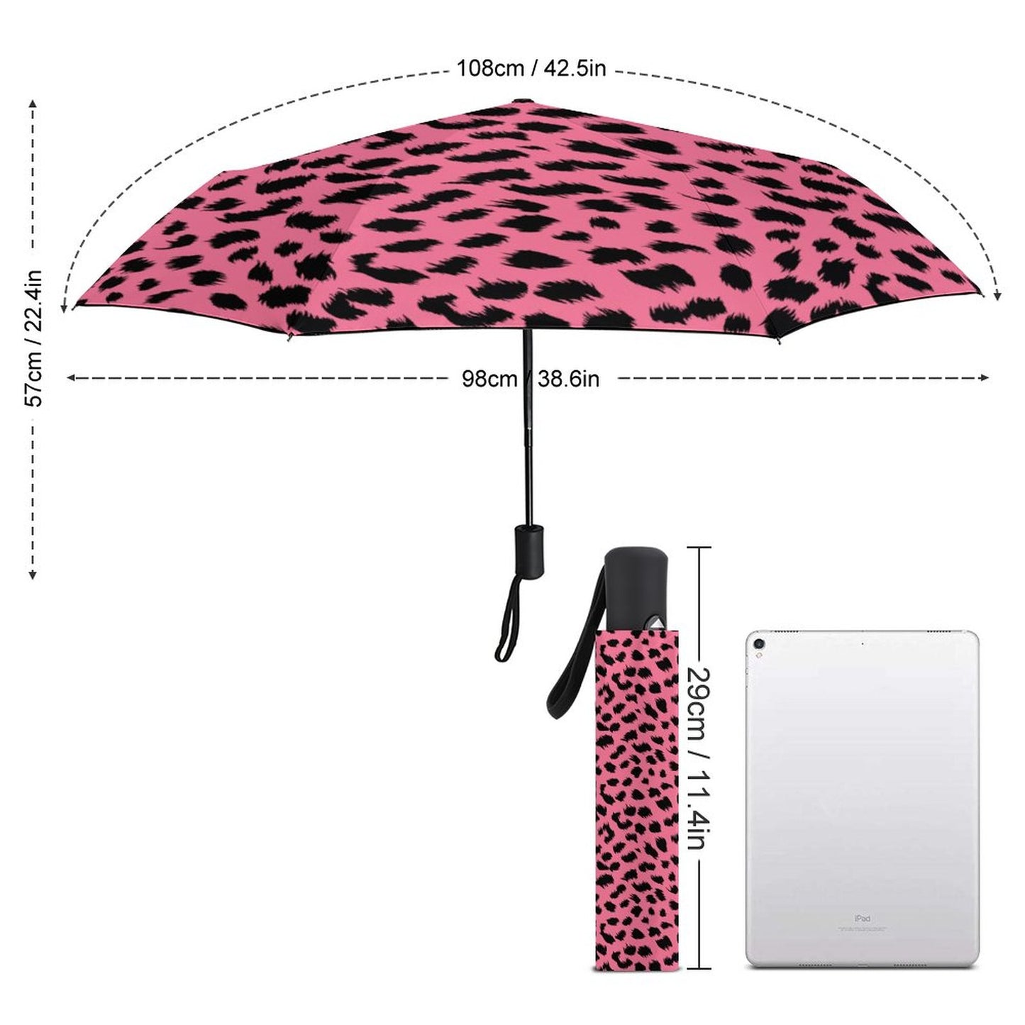 Pink leopard print umbrella with measurements on a white background
