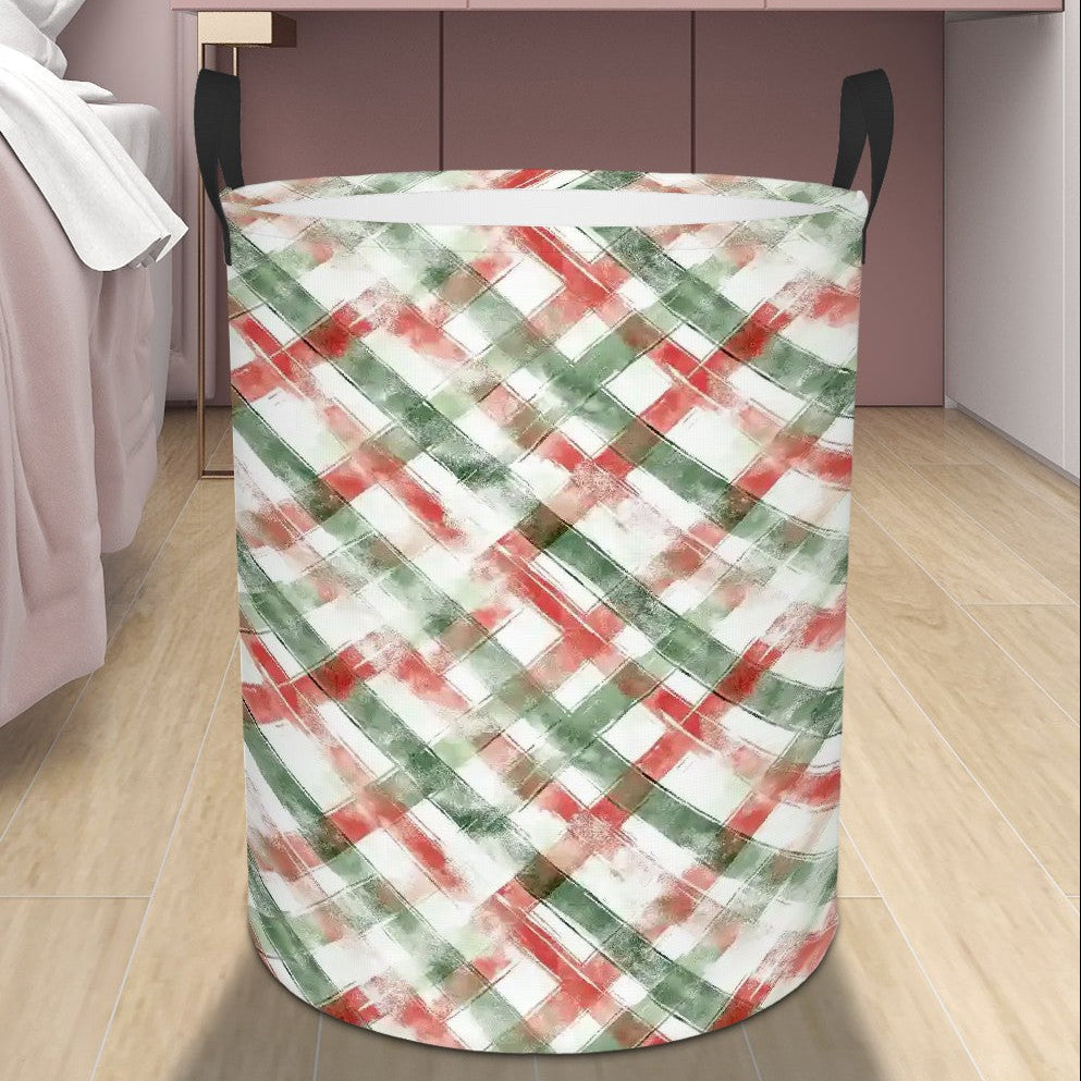 Patterned laundry basket in a bedroom setting