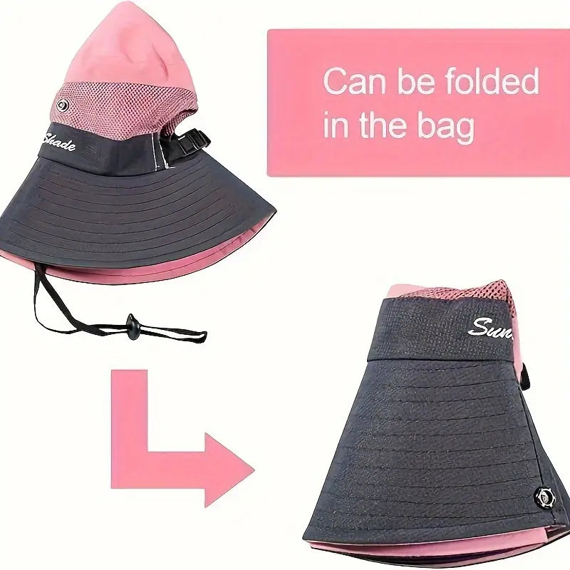 Pink and gray sun hat with text indicating it can be folded for packing.