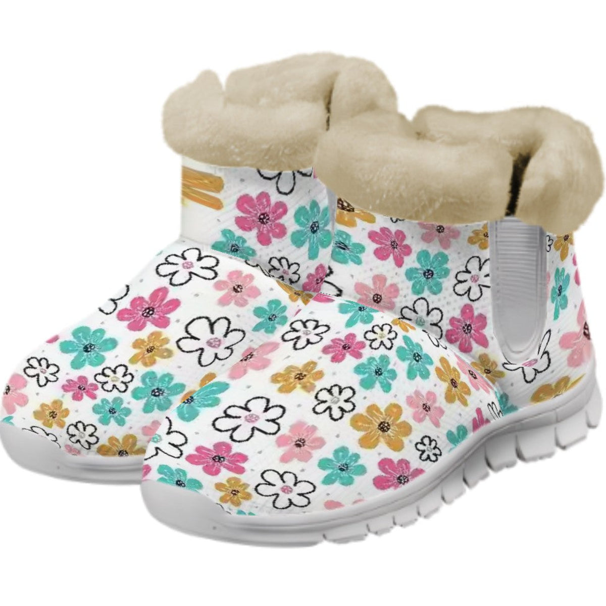 A pair of multicolored floral flannel-lined slipper boots with a non-slip sole and plush lining.