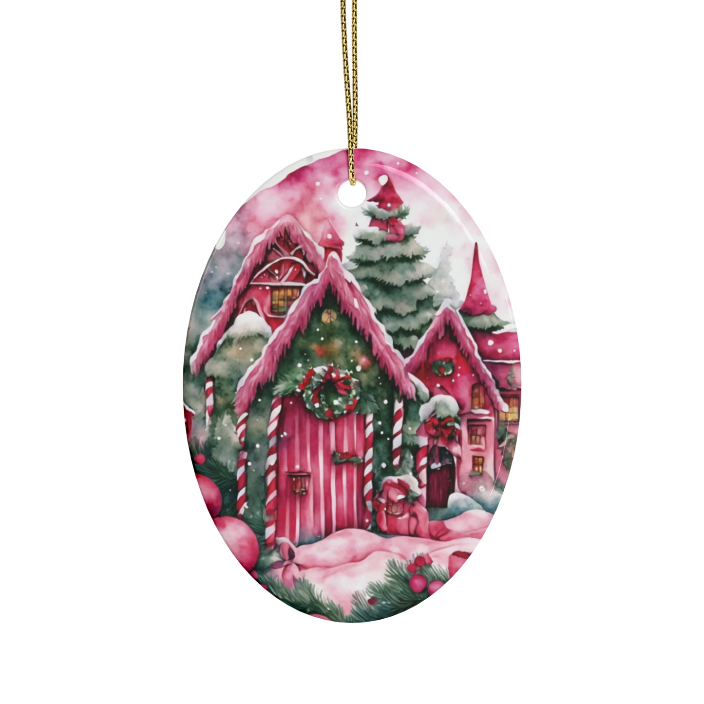Idyllic Fantasy Christmas Scene | Pink Ceramic Ornaments (1pcs, 5pcs, 10pcs, 20pcs) - 26