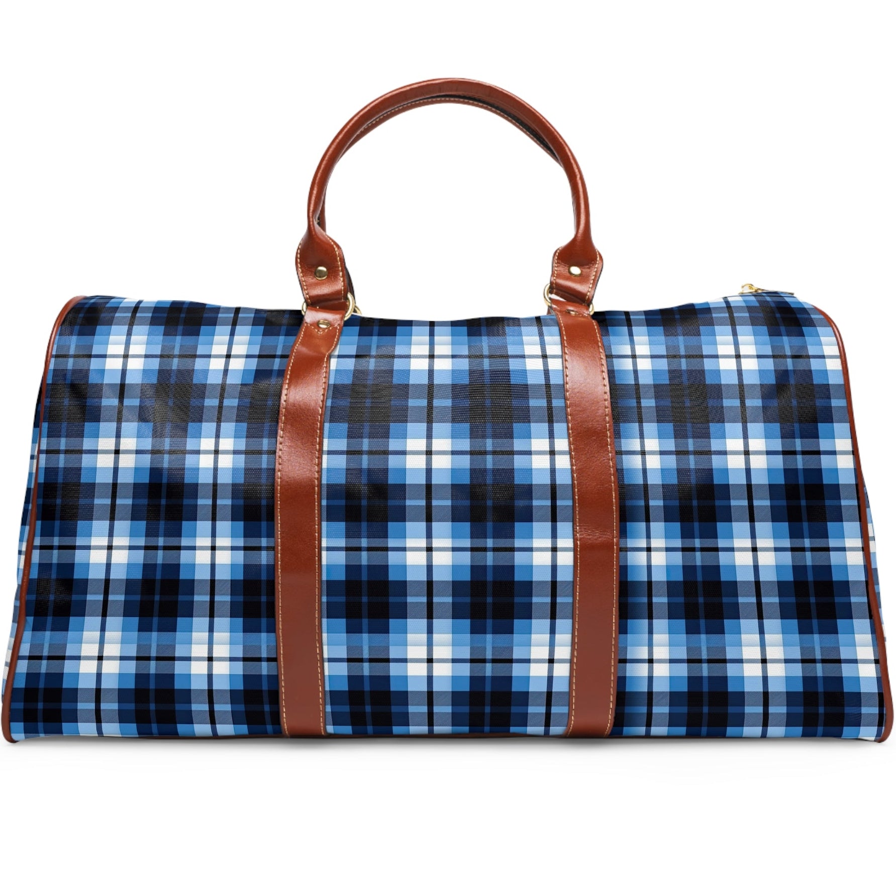 Blue plaid duffel bag with brown leather straps on a white background