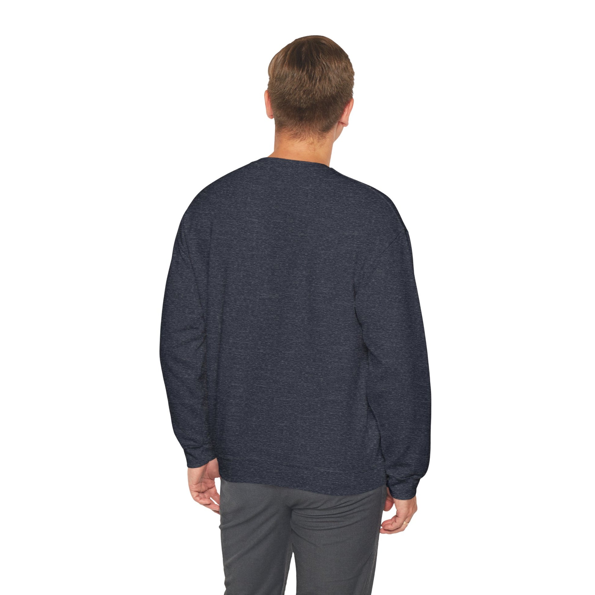 Man wearing a dark blue sweatshirt on a white background