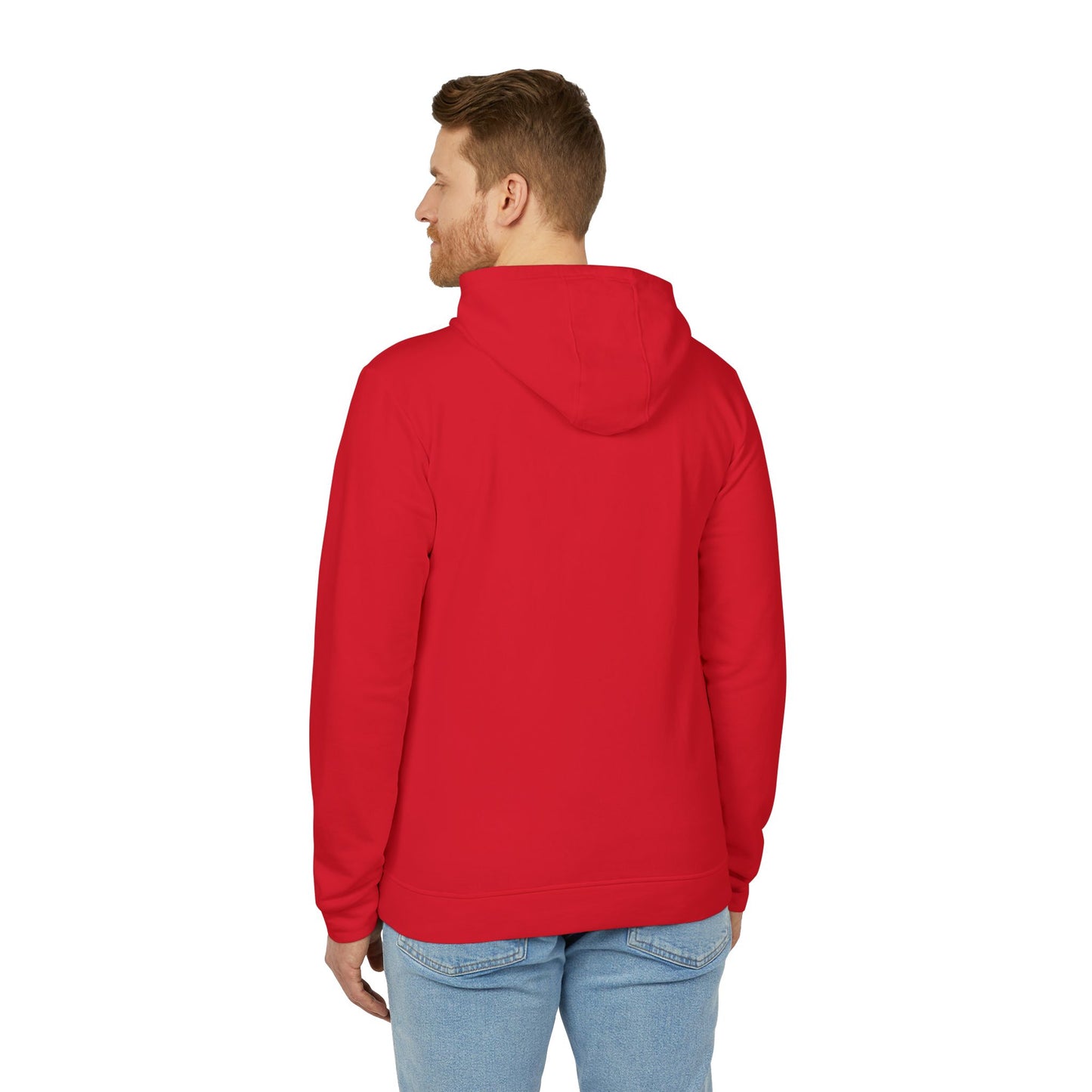 Man wearing a red hoodie on a white background