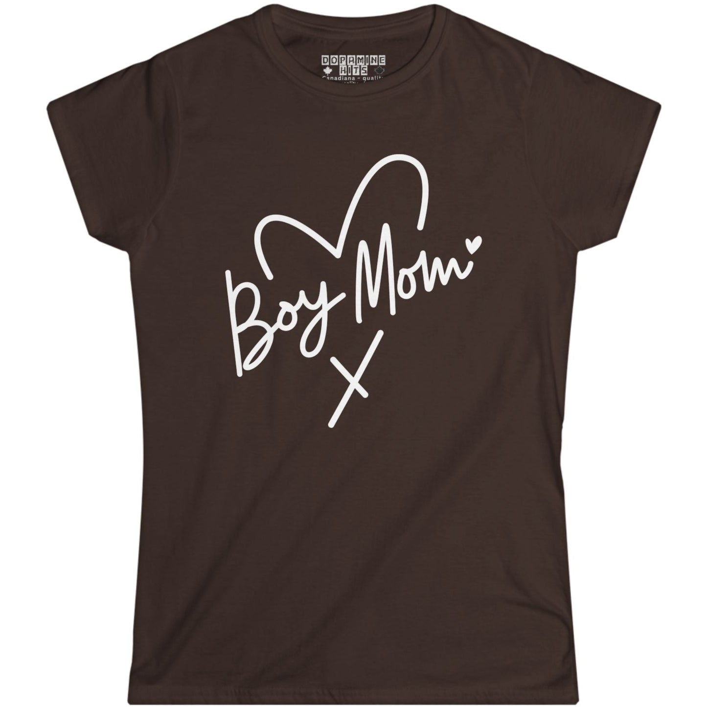 Brown t-shirt with 'Boy Mom' text on a white background - Out of Stock