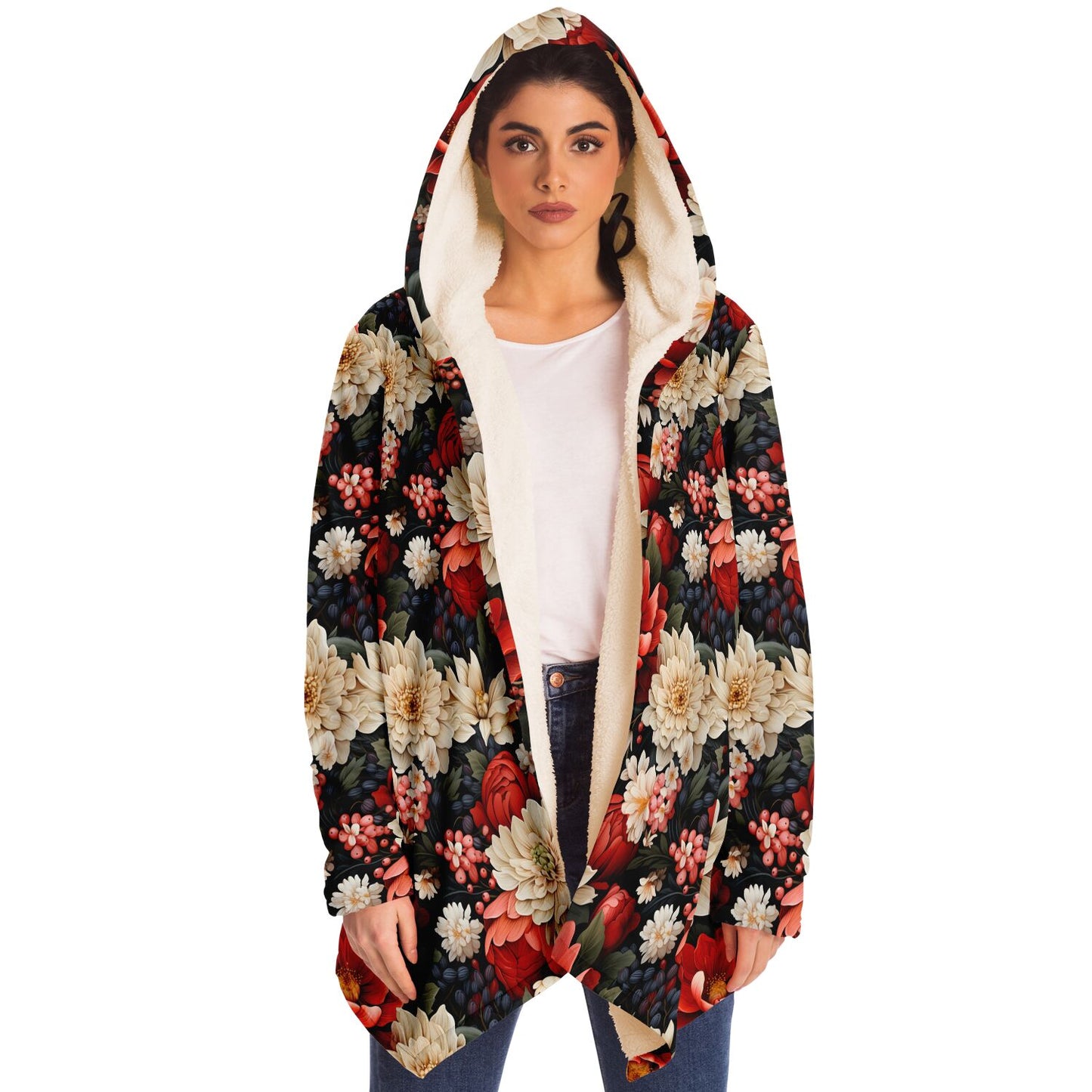 Red Winter Flowers Microfleece Cloak