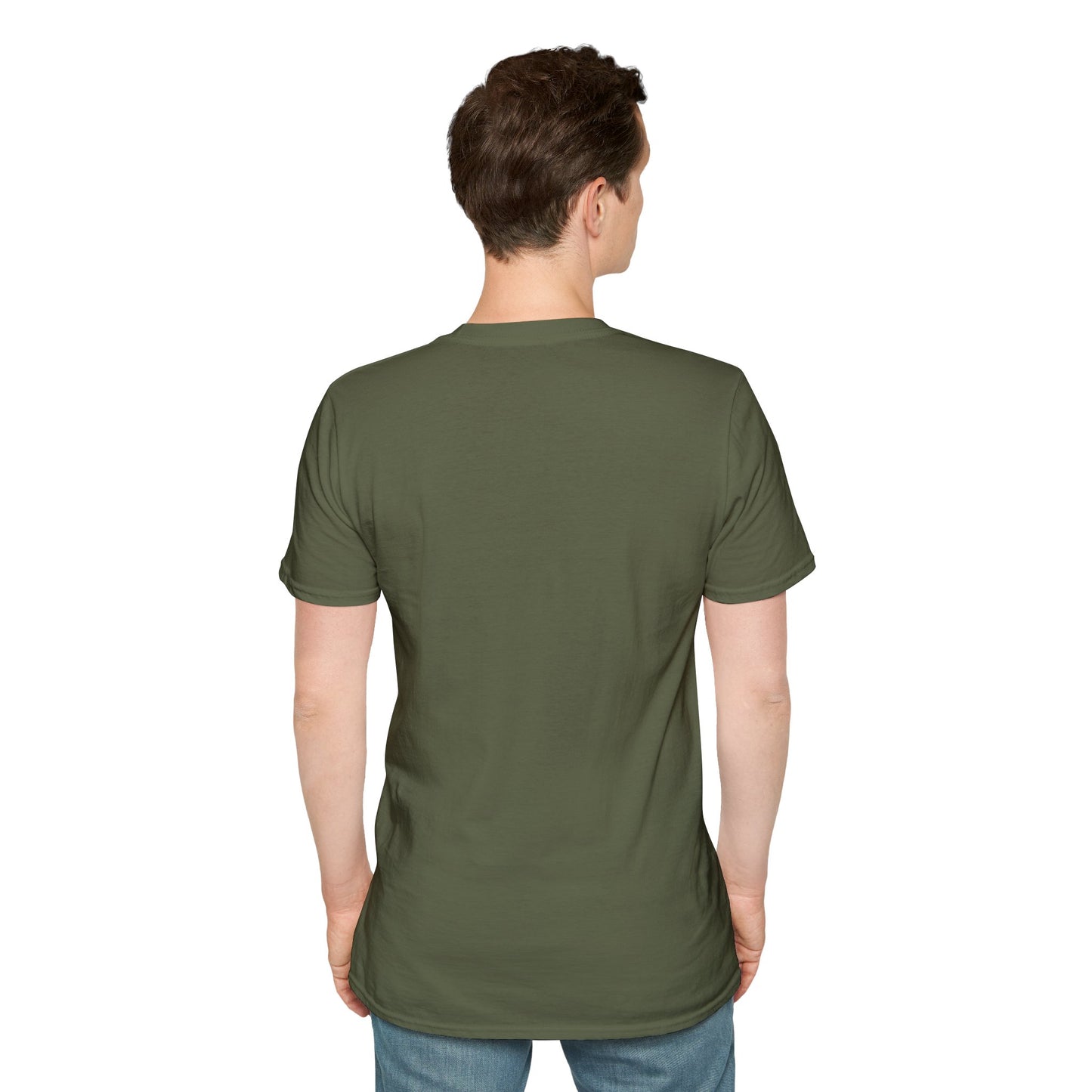 Person wearing a green t-shirt on a white background