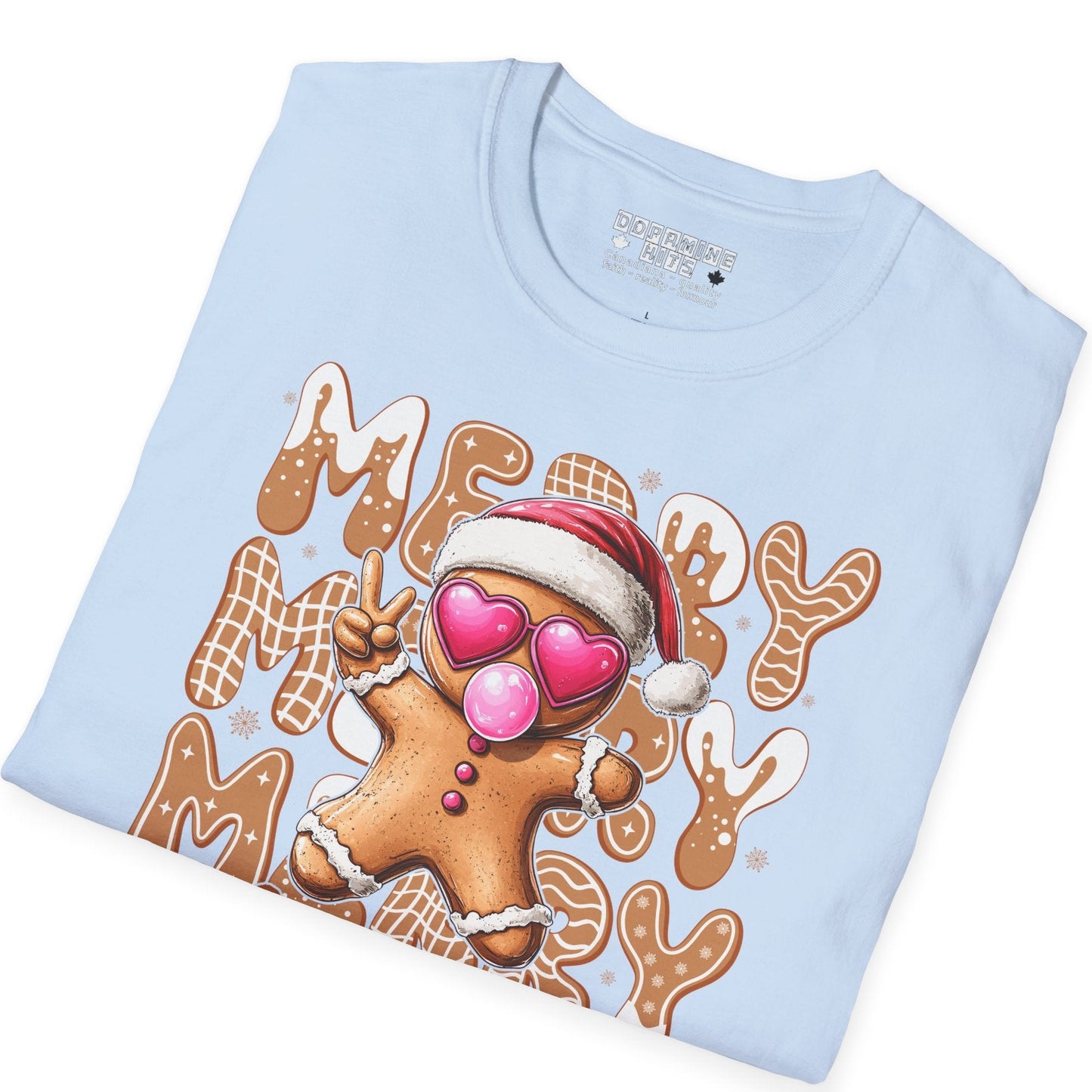 Light blue t-shirt with a gingerbread man design and 'Me Myself & I' text on a white background