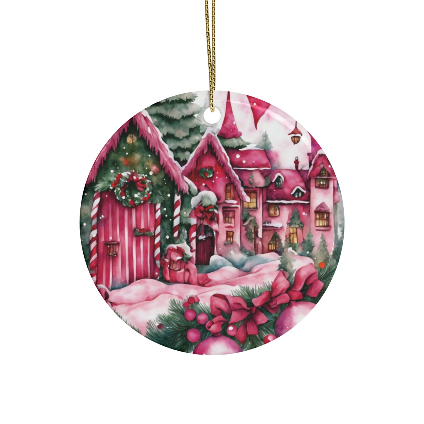 Idyllic Fantasy Christmas Scene | Pink Ceramic Ornaments (1pcs, 5pcs, 10pcs, 20pcs) - 26