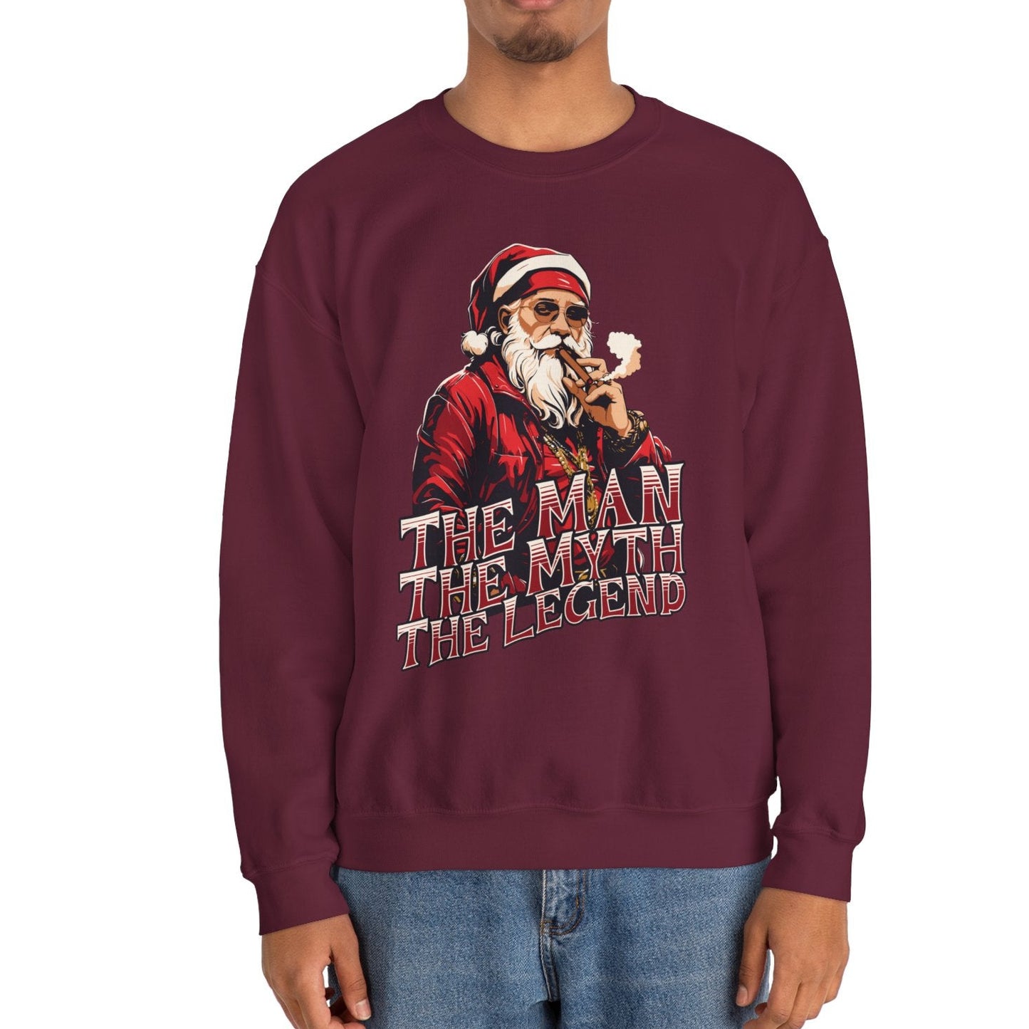 Person wearing a maroon sweatshirt with a graphic design and text on a white background