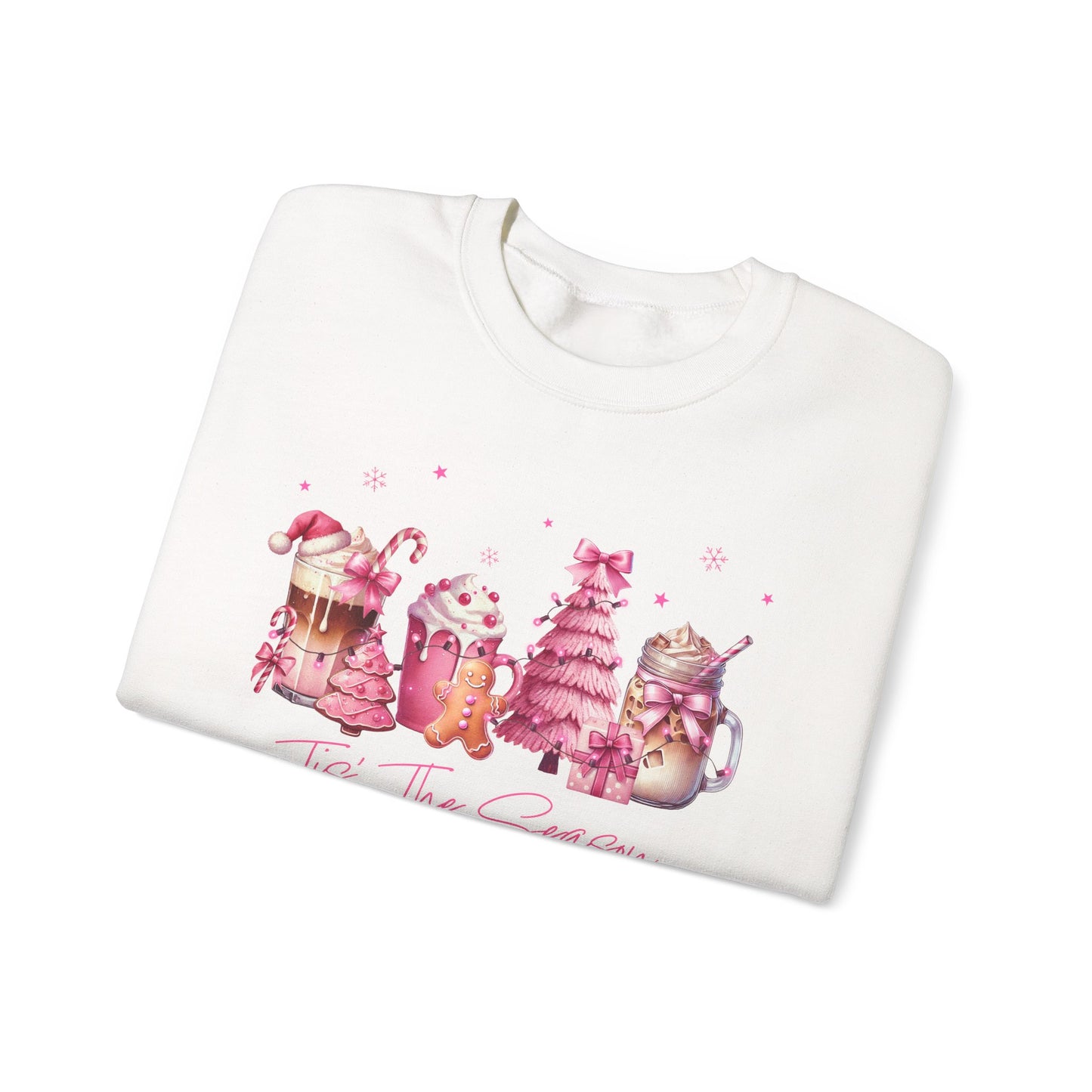 White sweatshirt with festive design featuring mugs and Christmas trees on a white background