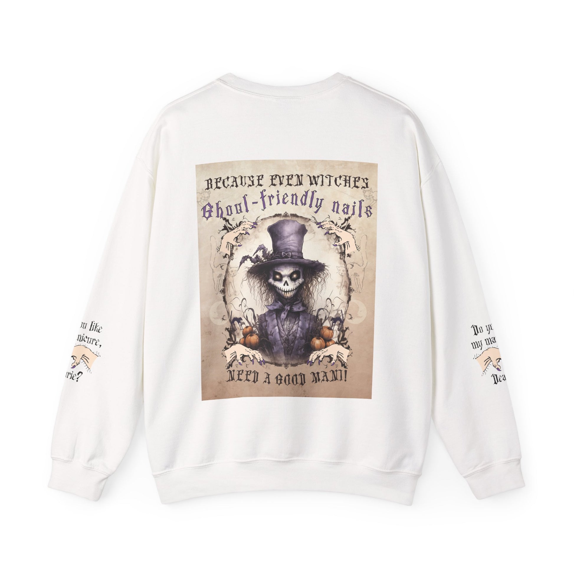 White sweatshirt with Halloween-themed design featuring a skeleton in a top hat and text on a white background