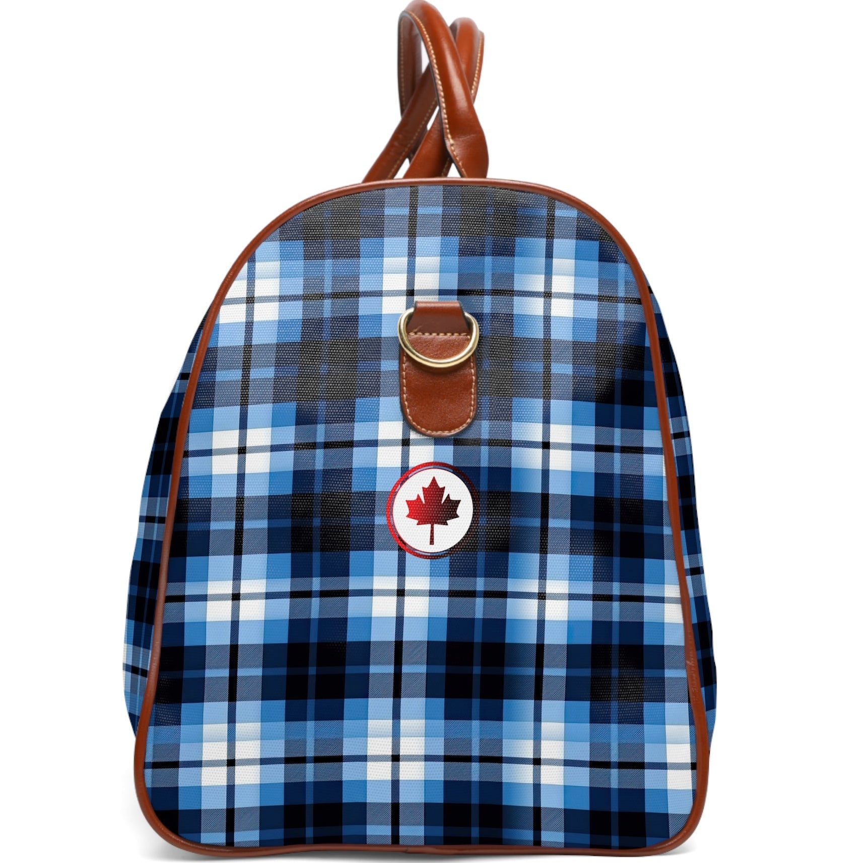 Blue plaid backpack with a red and white logo on a white background