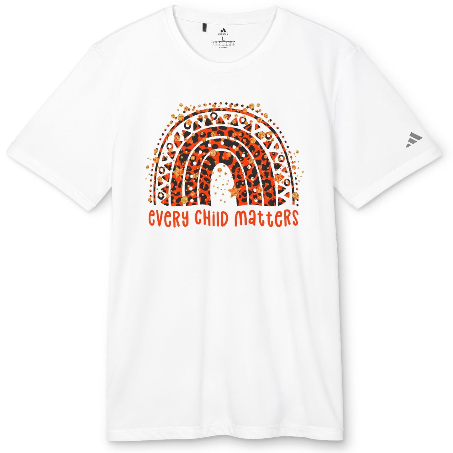 White t-shirt with orange and black graphic design and 'Every Child Matters' text on a white background