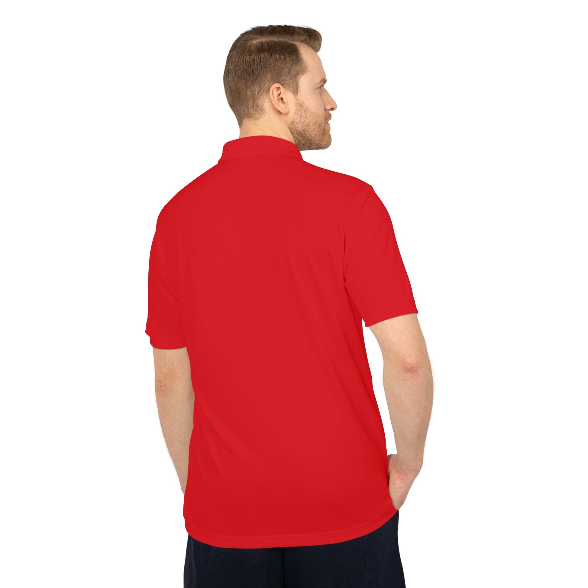 Man wearing a red polo shirt on a white background
