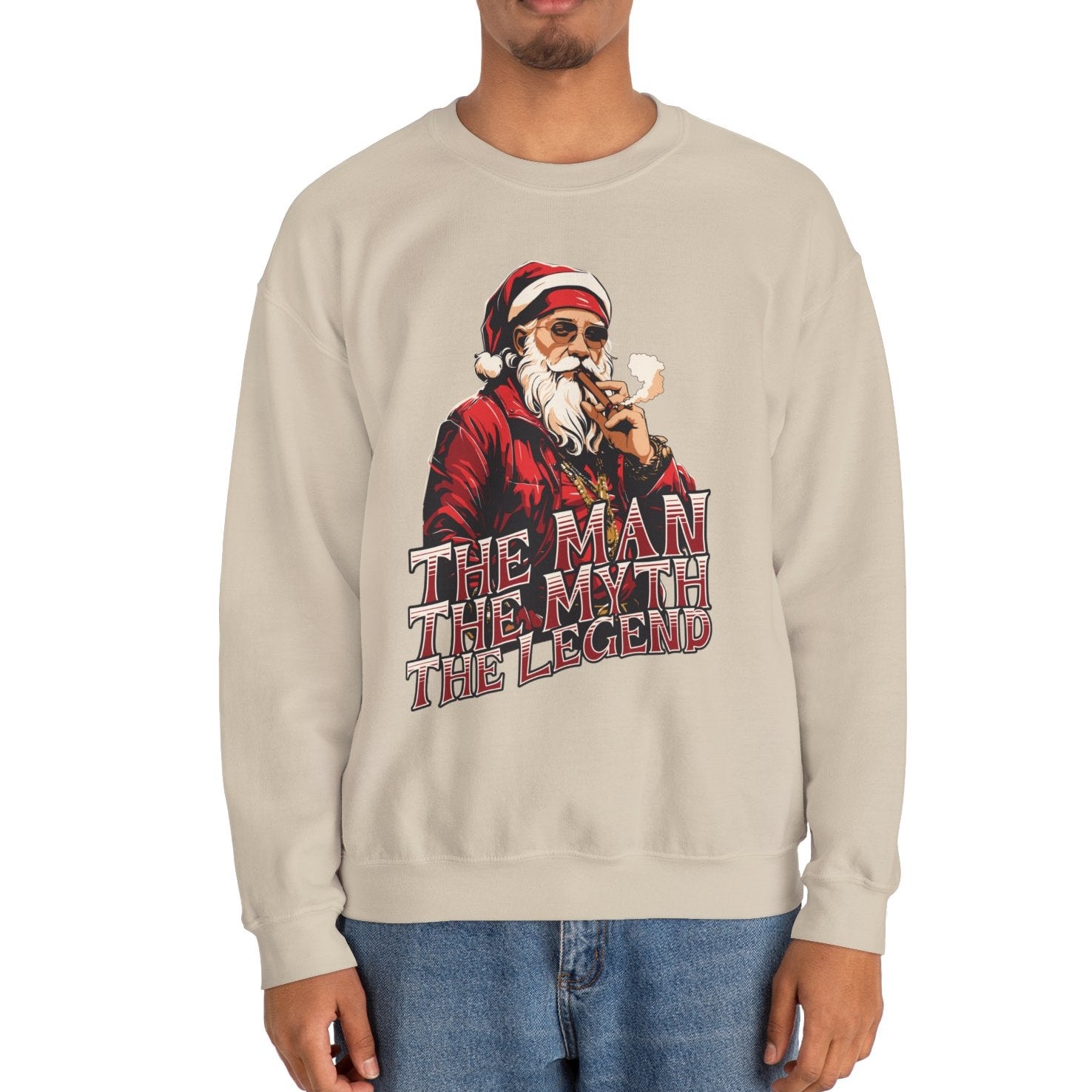 Person wearing a sand sweatshirt with a graphic design and text on a white background