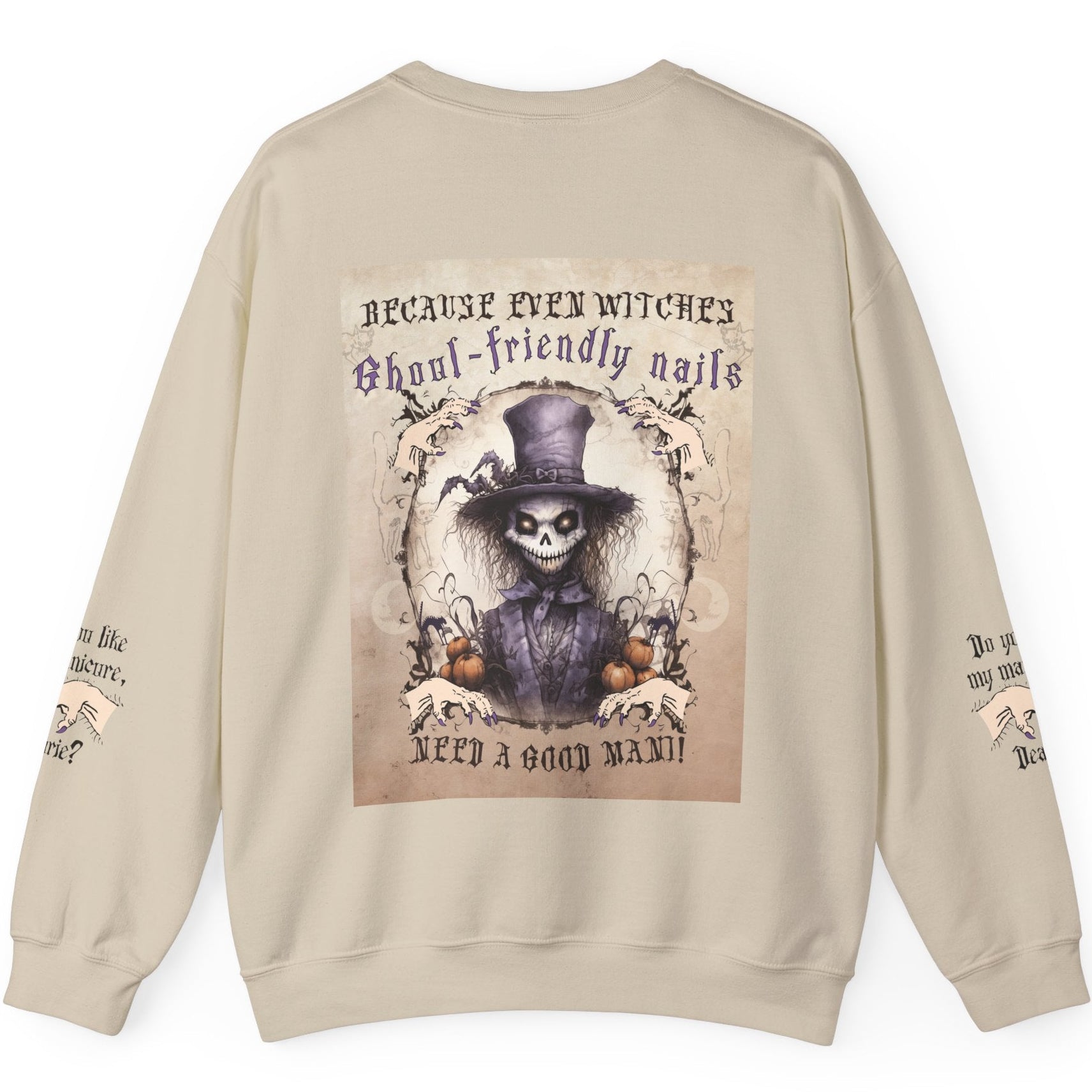 Beige sweatshirt with a graphic design of a skeleton wearing a top hat and text on the back, displayed on a white background.