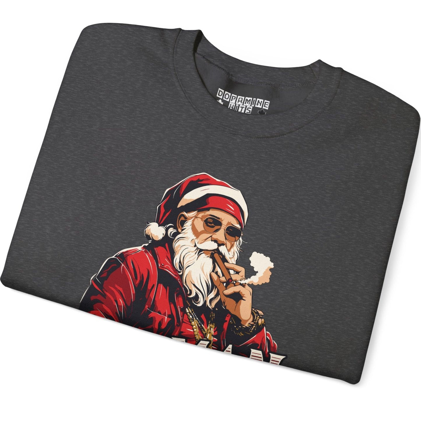 Folded dark gray t-shirt with a graphic of a smoking Santa Claus on a white background