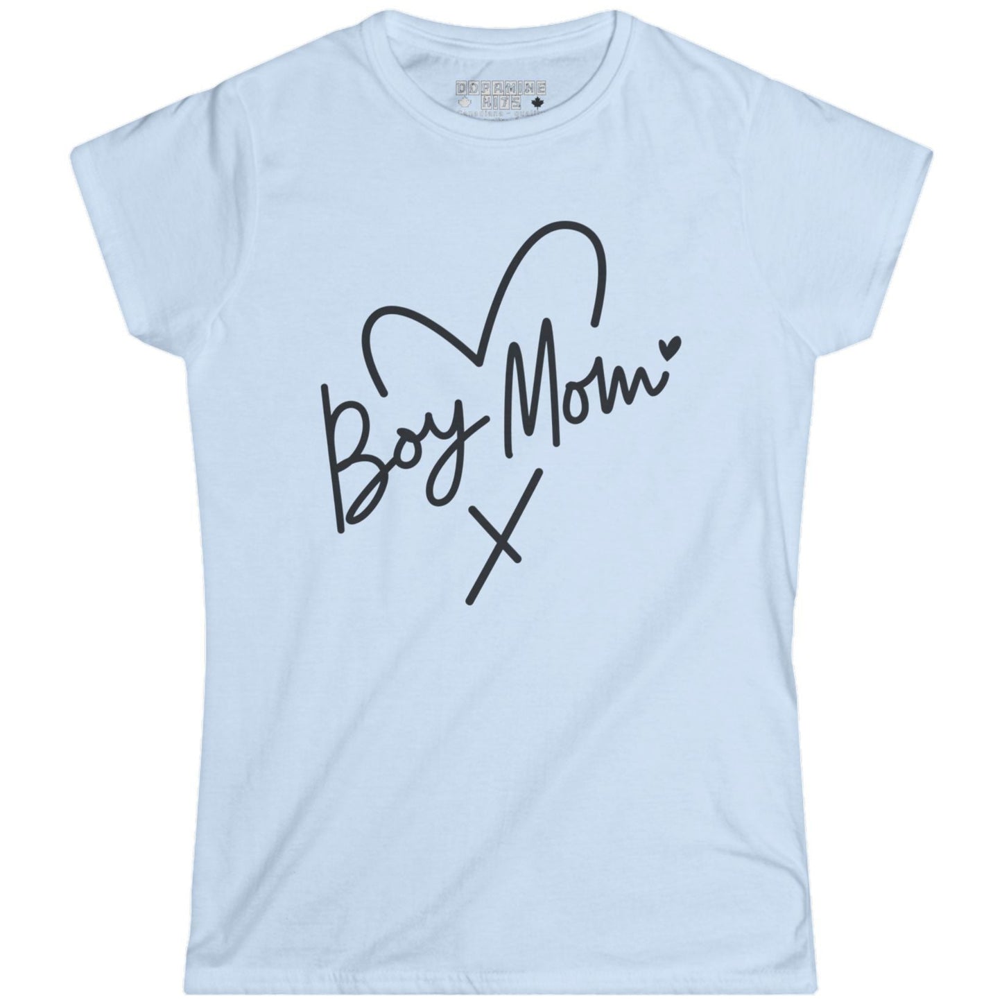 Light blue t-shirt with 'Boy Mom' text on a white background