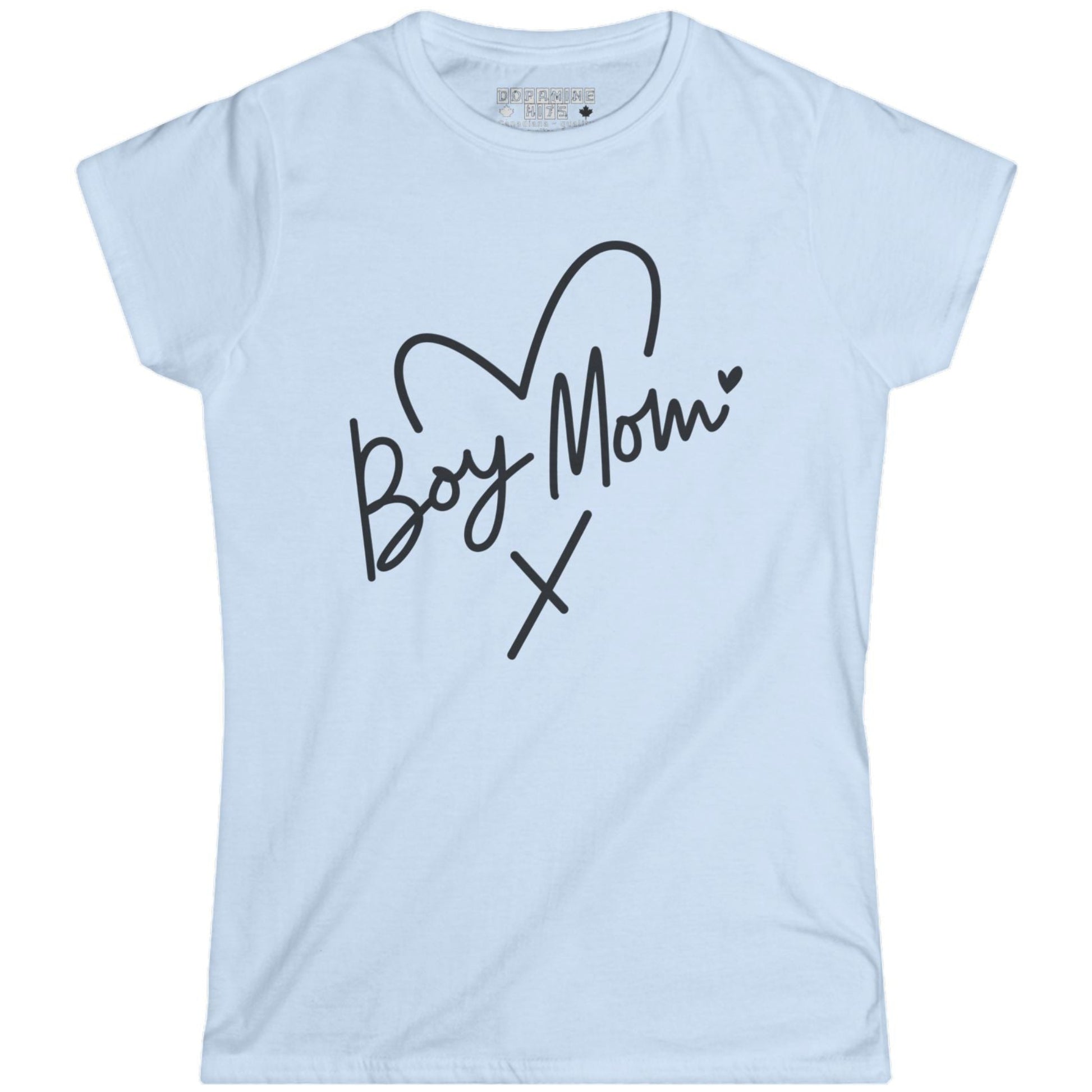 Light blue t-shirt with 'Boy Mom' text on a white background