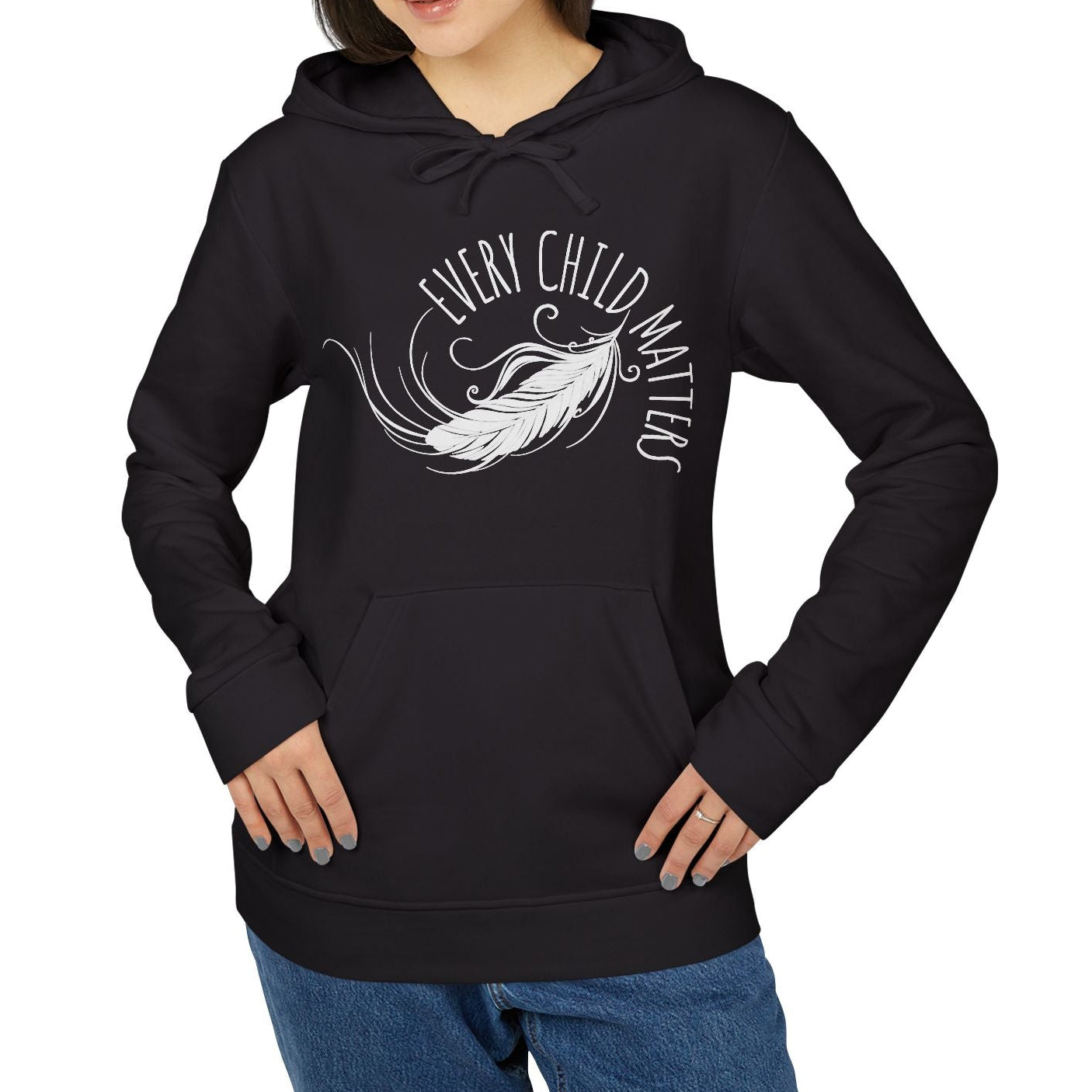 Person wearing a black hoodie with a white graphic and text on a white background