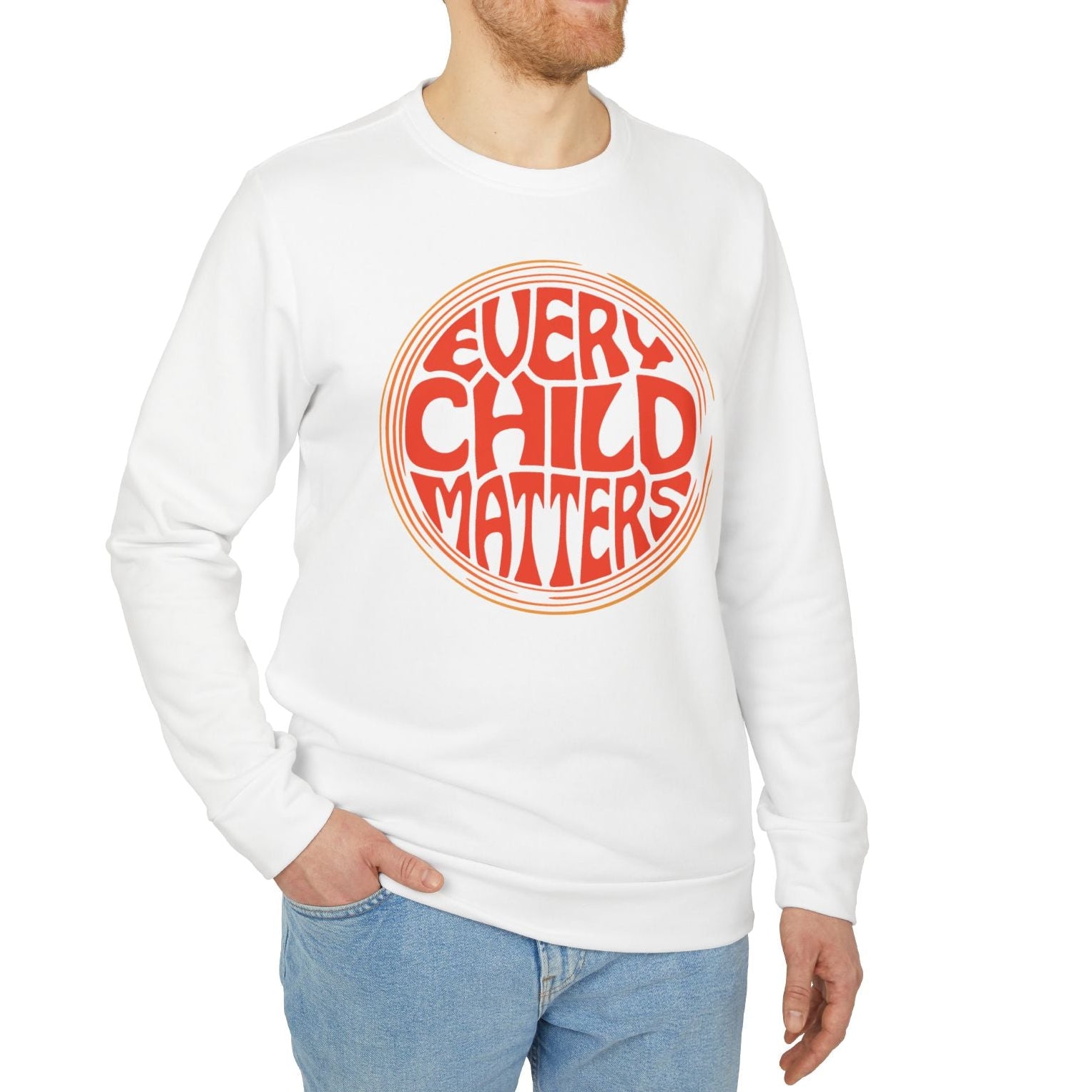 Man wearing a white long-sleeve shirt with 'Every Child Matters' text on a white background