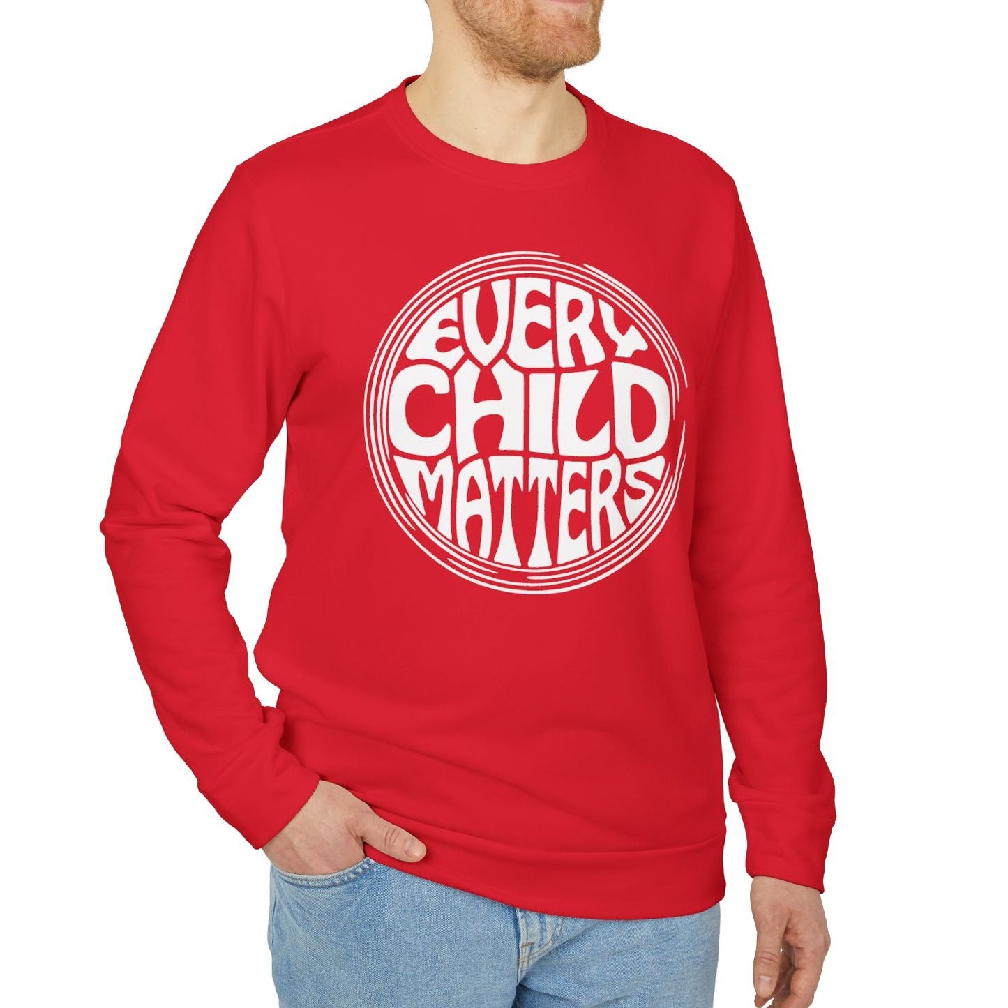 Man wearing a red sweatshirt with 'Every Child Matters' text on a white background
