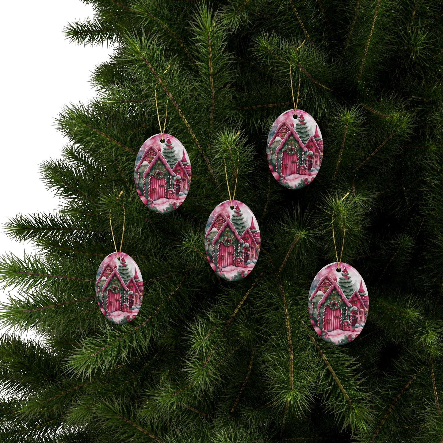 Idyllic Fantasy Christmas Scene | Pink Ceramic Ornaments (1pcs, 5pcs, 10pcs, 20pcs) - 26