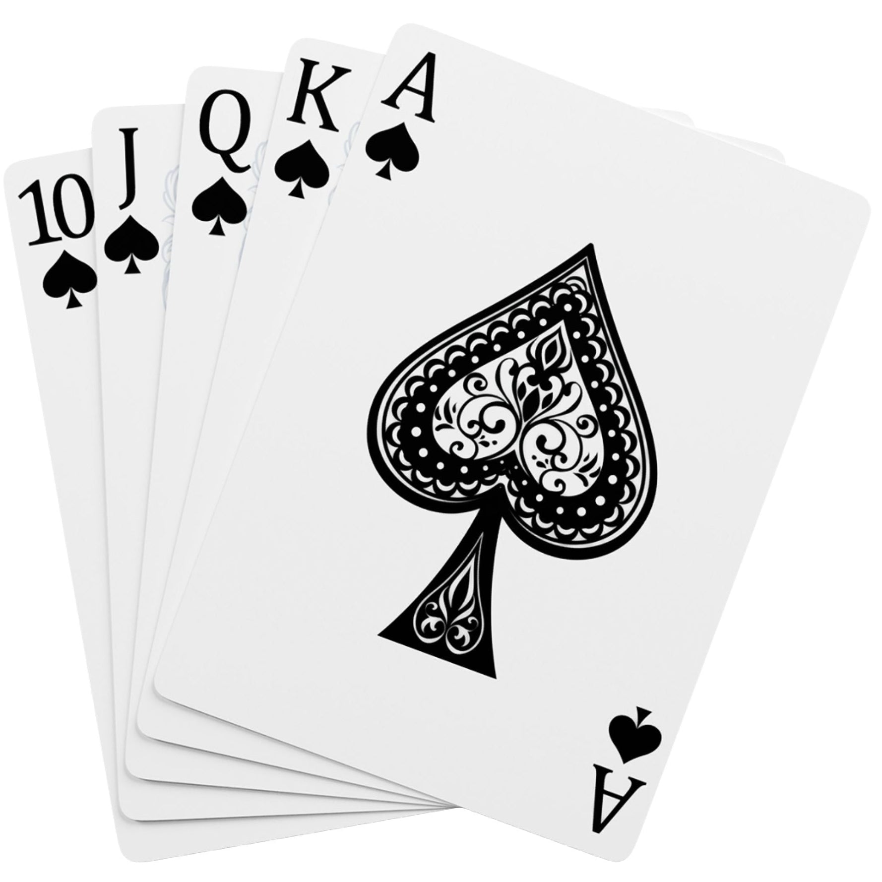 Five playing cards showing a ten, Jack, Queen, King, and Ace of Spades on a white background.