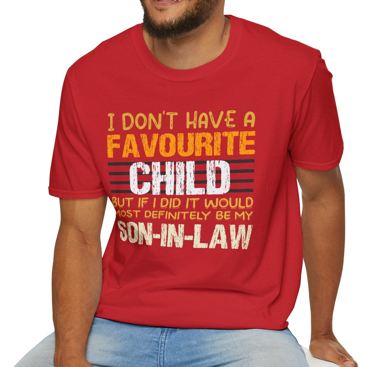 Man wearing a red t-shirt with white text and graphics on a white background