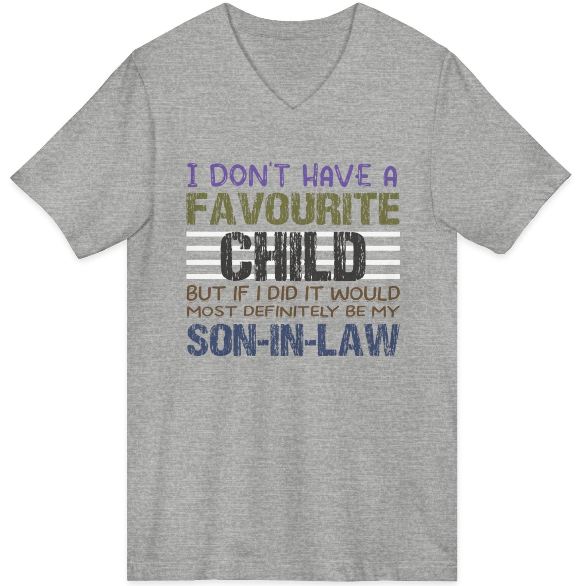 Gray t-shirt with colorful text on a white background