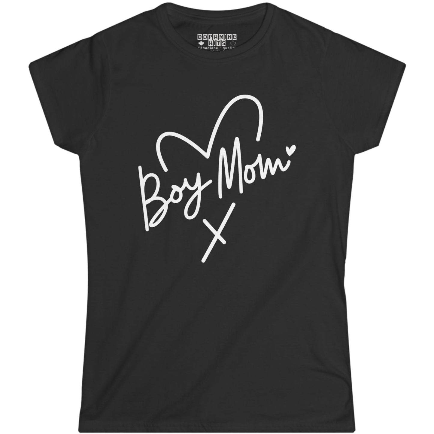 Black t-shirt with 'Boy Mom' text and heart design on a white background
